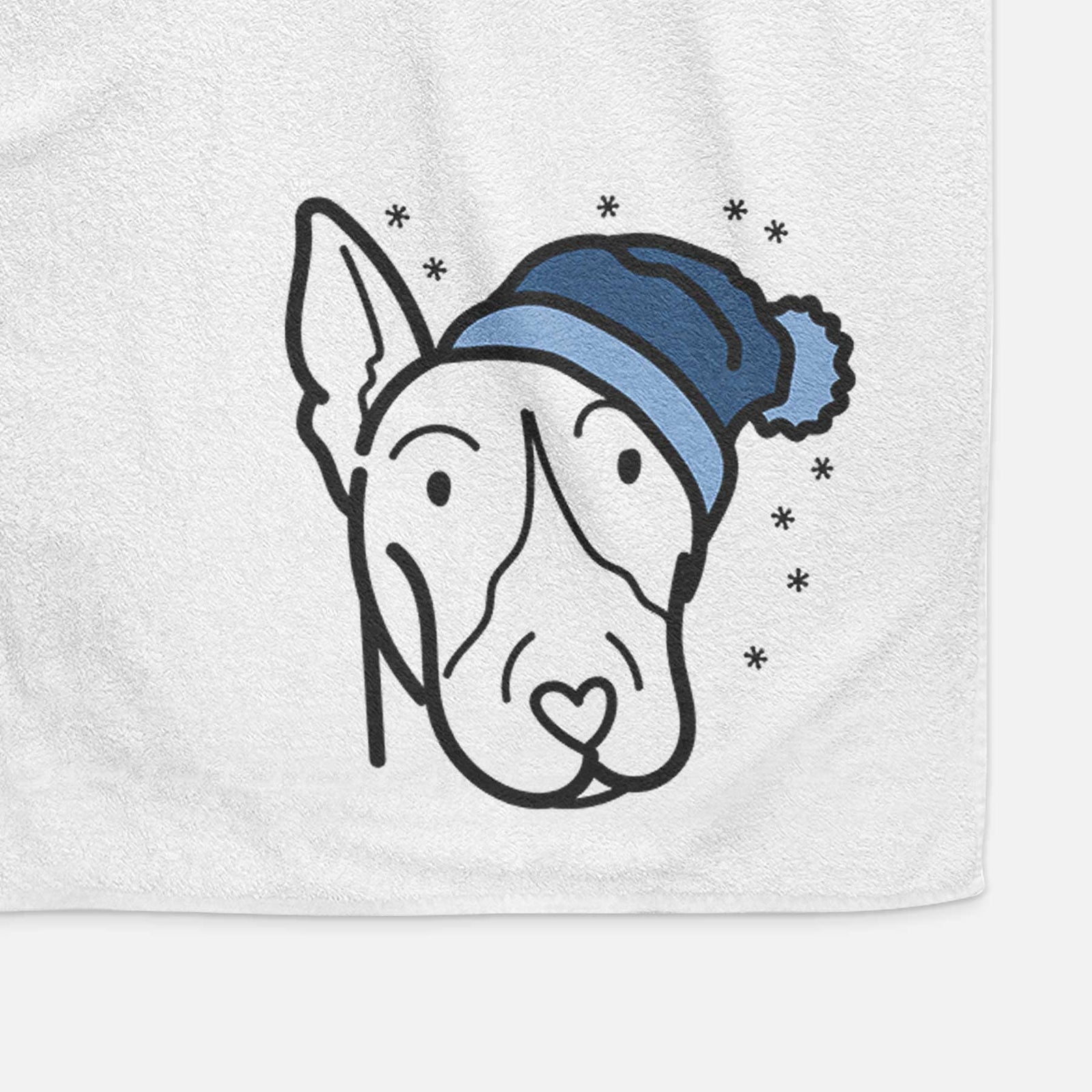 Minimalist line drawing of a Bull Terrier wearing a winter beanie on a decorative hand towel
