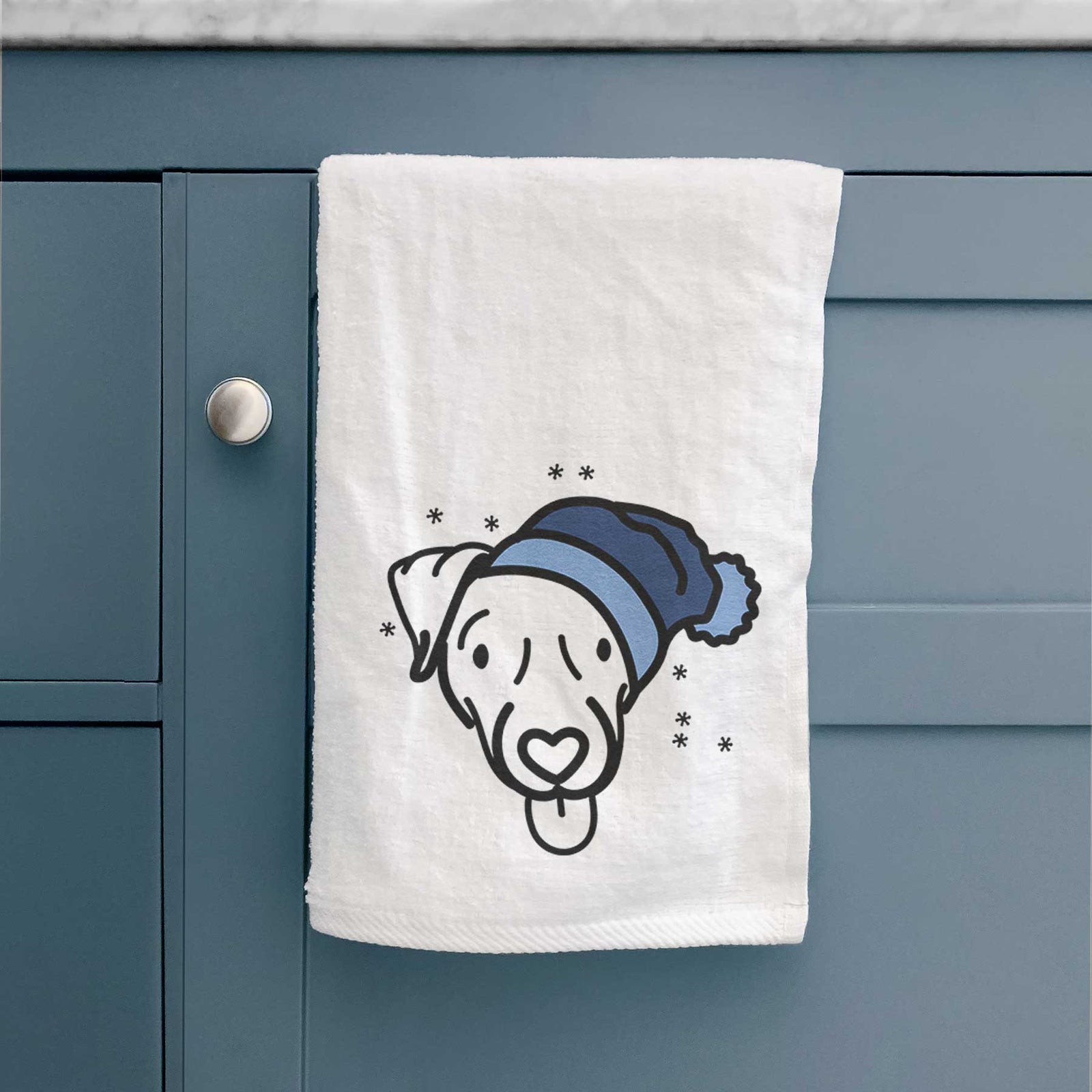 Minimalist line drawing of Cammy the Jack Russell Terrier wearing a winter beanie on a decorative hand towel