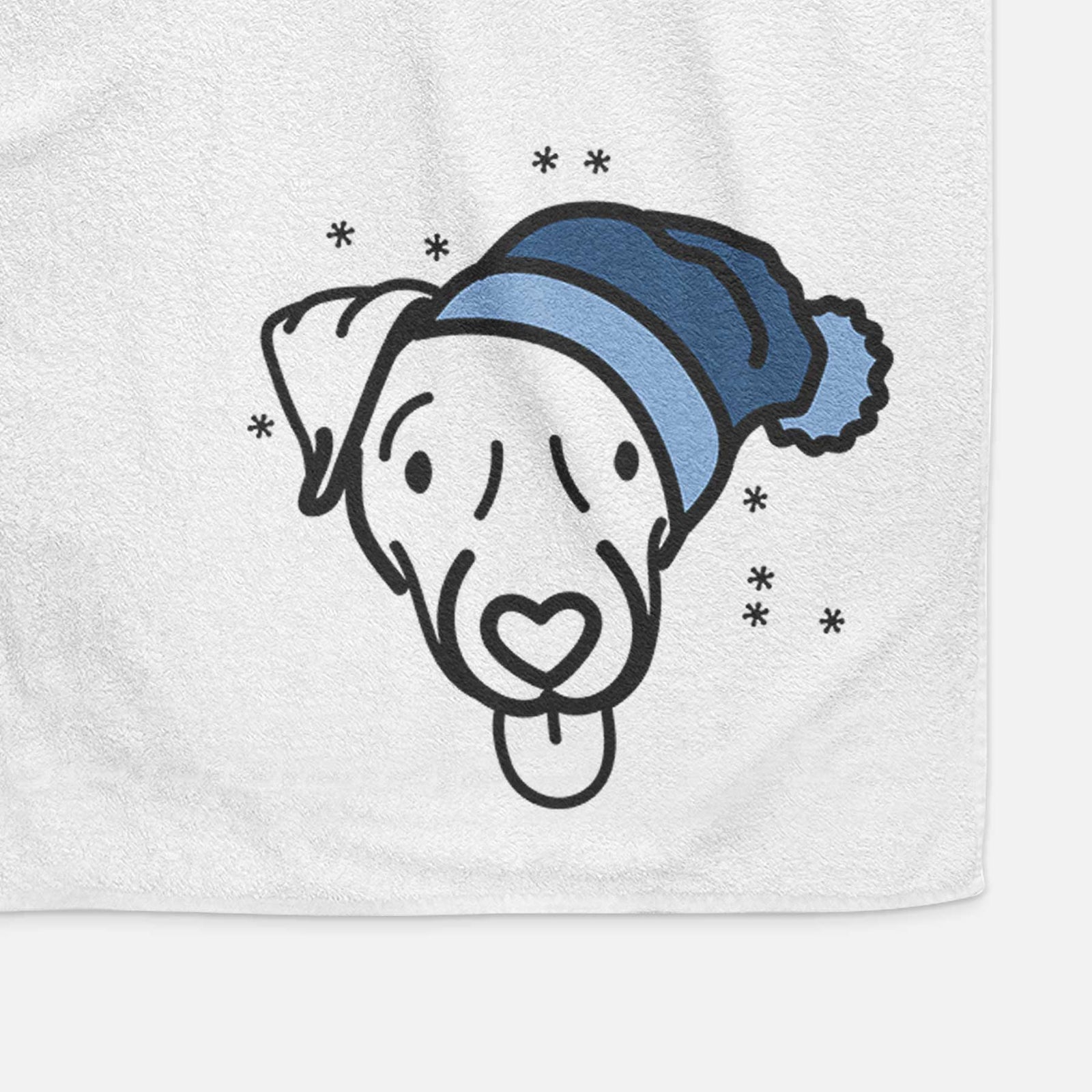 Minimalist line drawing of Cammy the Jack Russell Terrier wearing a winter beanie on a decorative hand towel