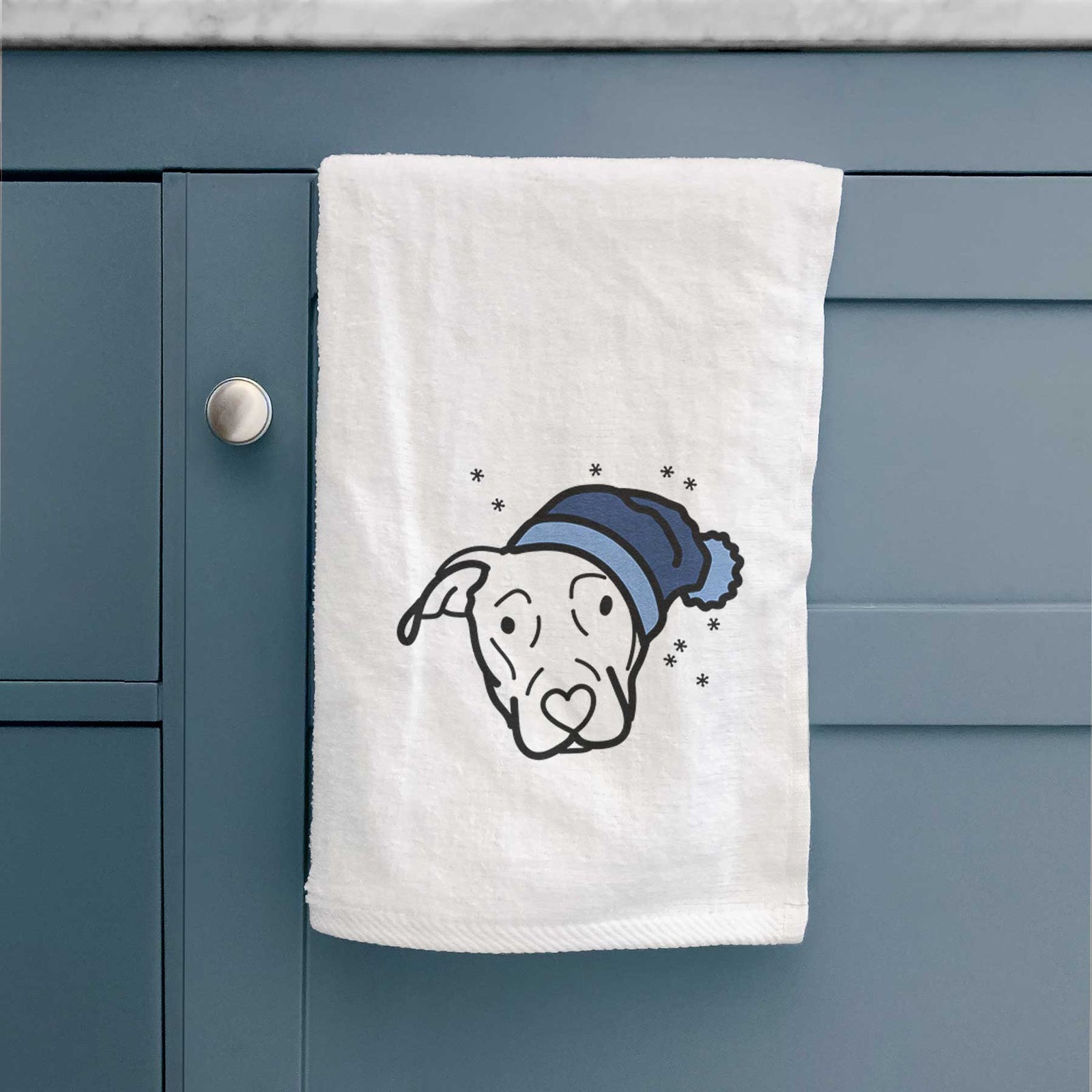 Minimalist line drawing of a Catahoula wearing a winter beanie on a decorative hand towel