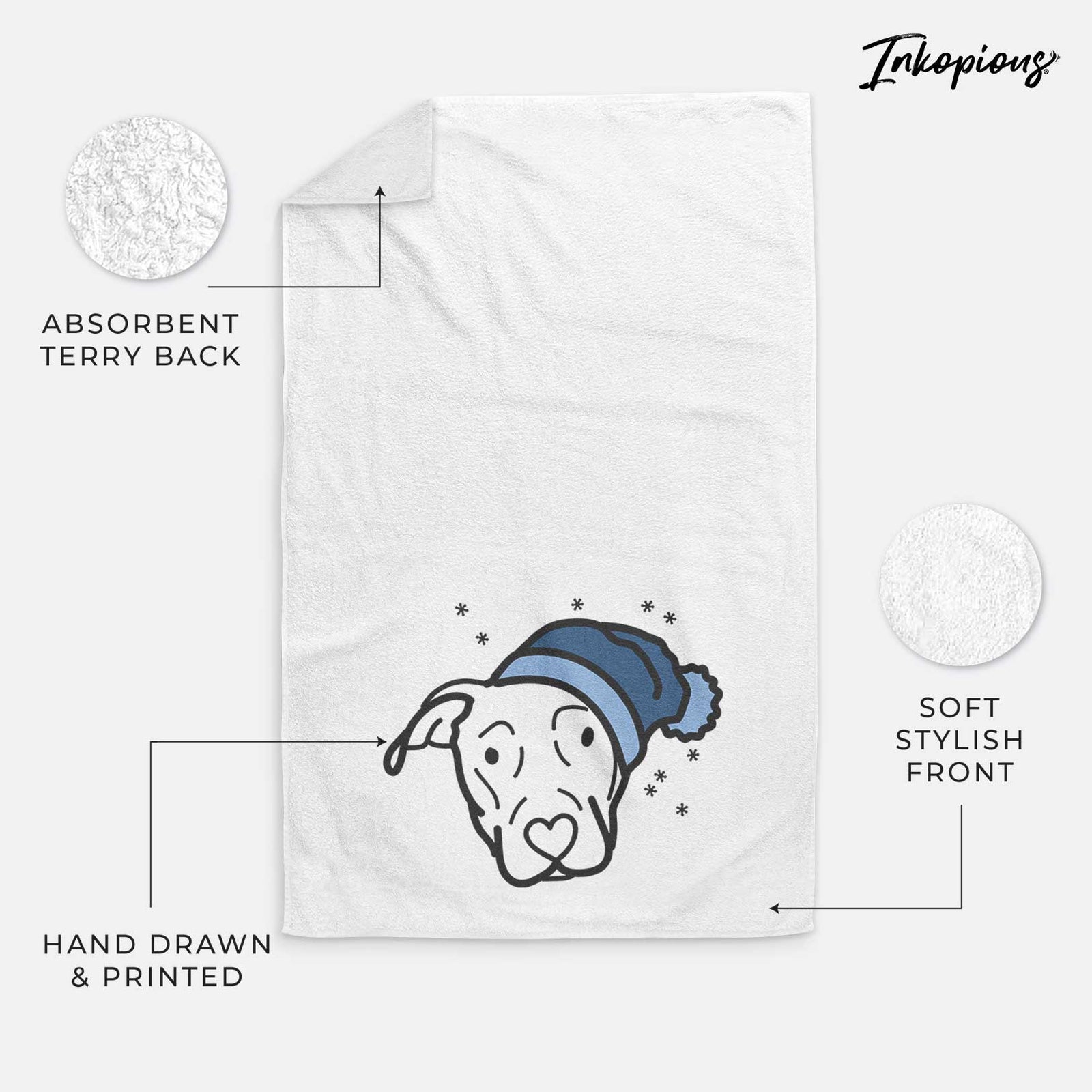 Minimalist line drawing of a Catahoula wearing a winter beanie on a decorative hand towel