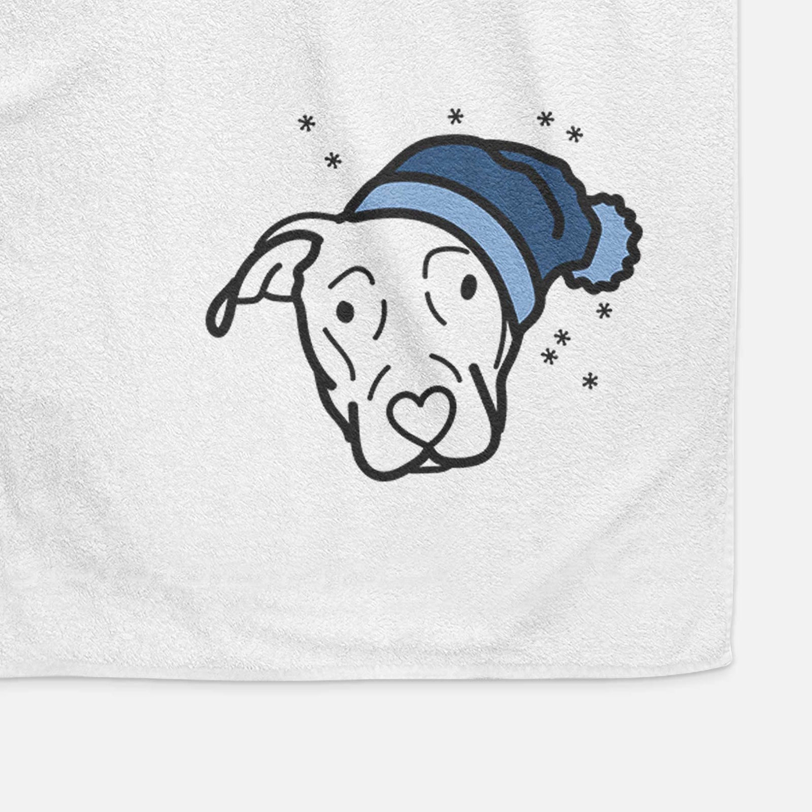 Minimalist line drawing of a Catahoula wearing a winter beanie on a decorative hand towel