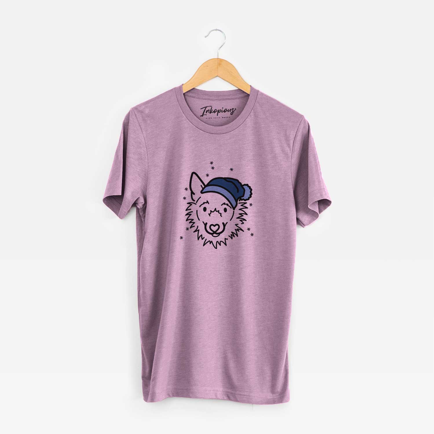 Minimalist line drawing of Chewy the Super Mutt wearing a winter beanie on an Orchid Unisex crewneck