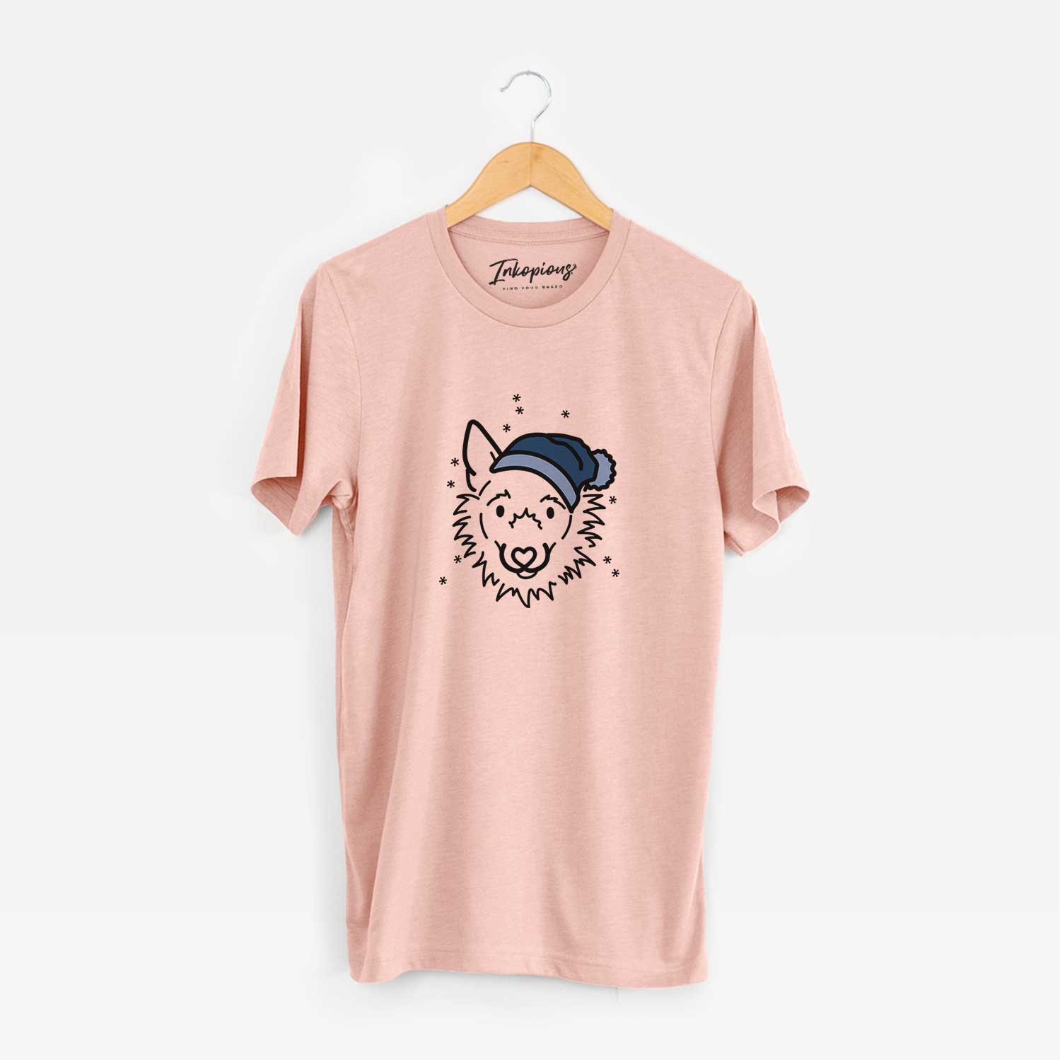 Minimalist line drawing of Chewy the Super Mutt wearing a winter beanie on a Peach Unisex crewneck