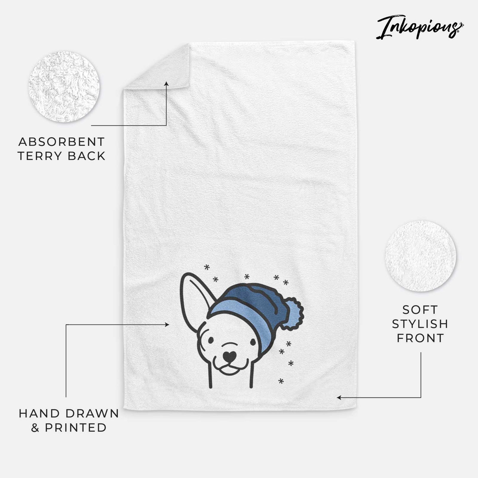 Minimalist line drawing of a Chihuahua wearing a winter beanie on a decorative hand towel