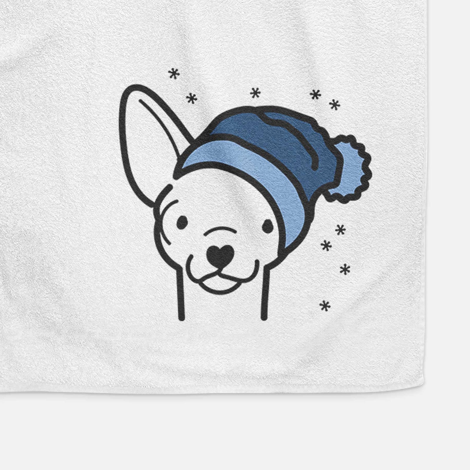 Minimalist line drawing of a Chihuahua wearing a winter beanie on a decorative hand towel
