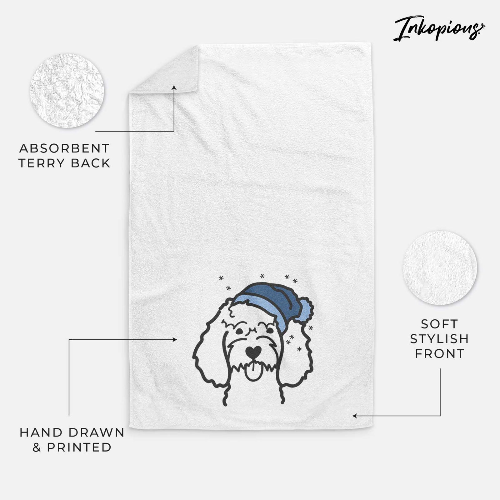 Minimalist line drawing of a Cockapoo wearing a winter beanie on a decorative hand towel