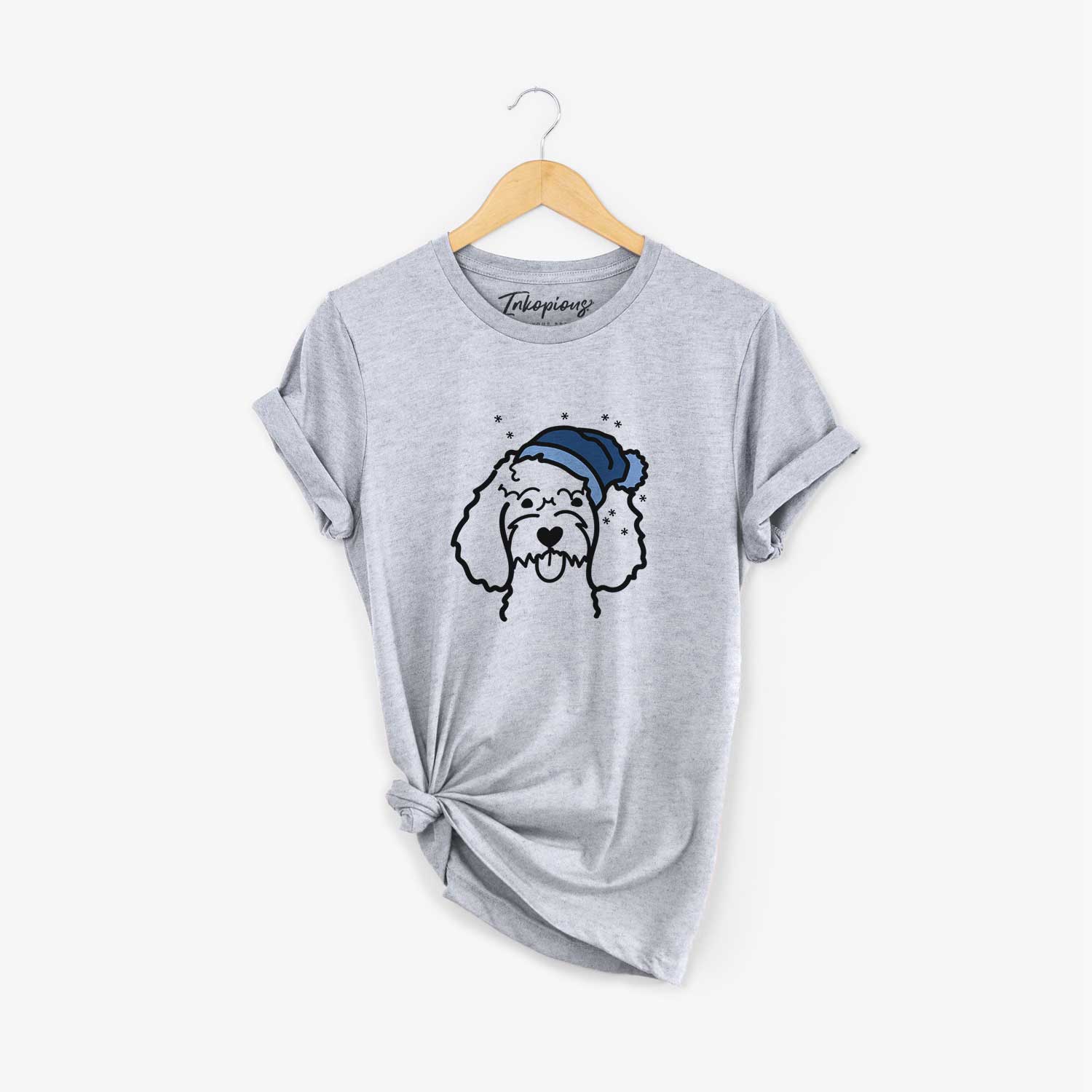 Minimalist line drawing of a Cockapoo wearing a winter beanie on a Grey Unisex crewneck