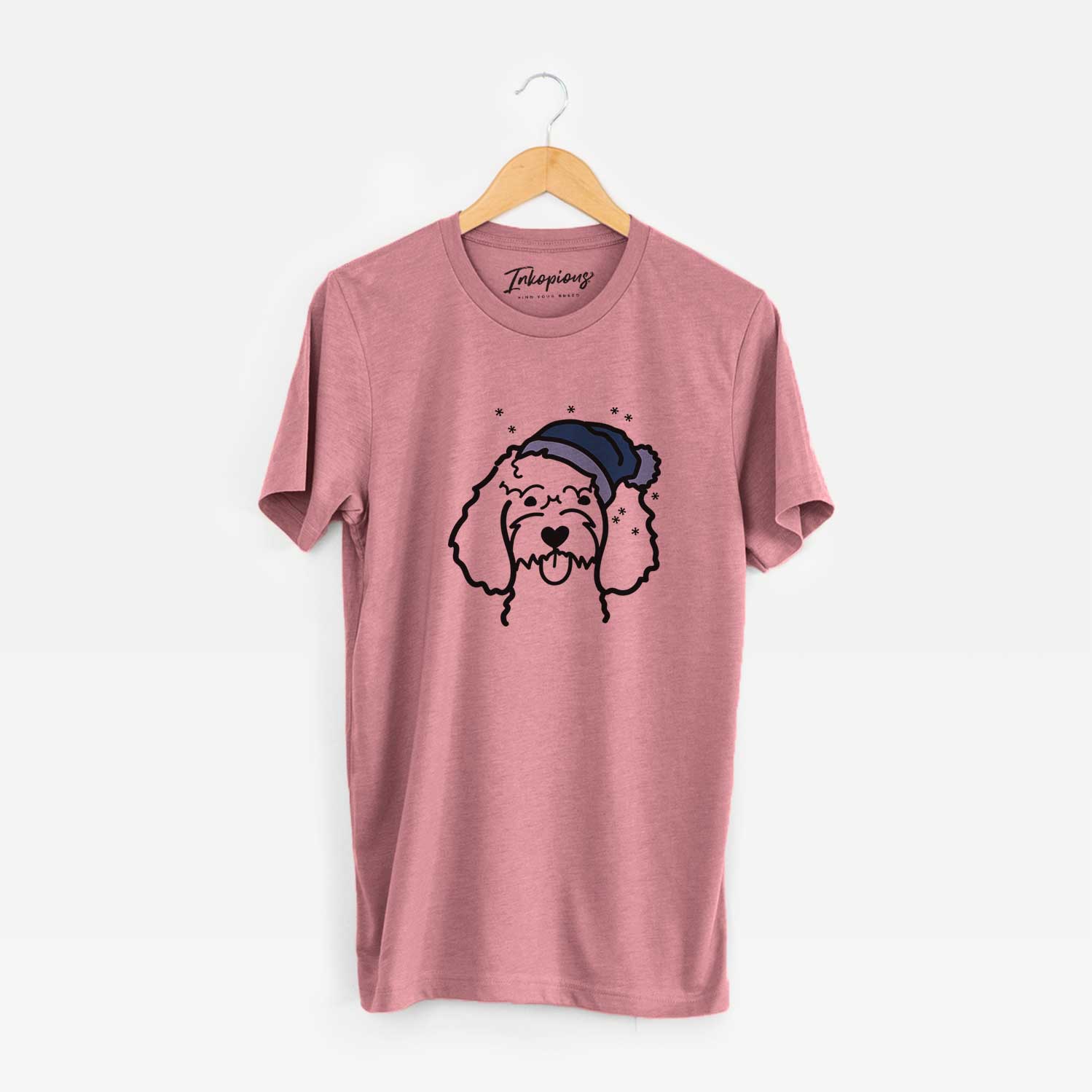 Minimalist line drawing of a Cockapoo wearing a winter beanie on a Mauve Unisex crewneck
