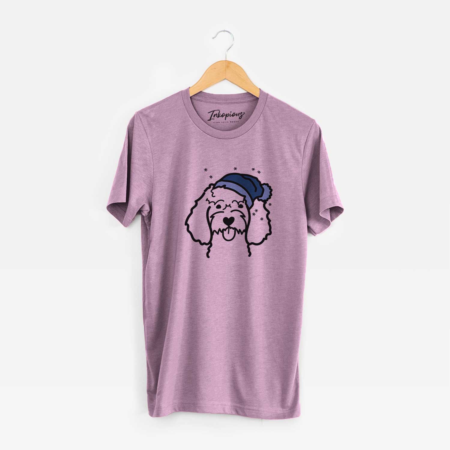 Minimalist line drawing of a Cockapoo wearing a winter beanie on an Orchid Unisex crewneck