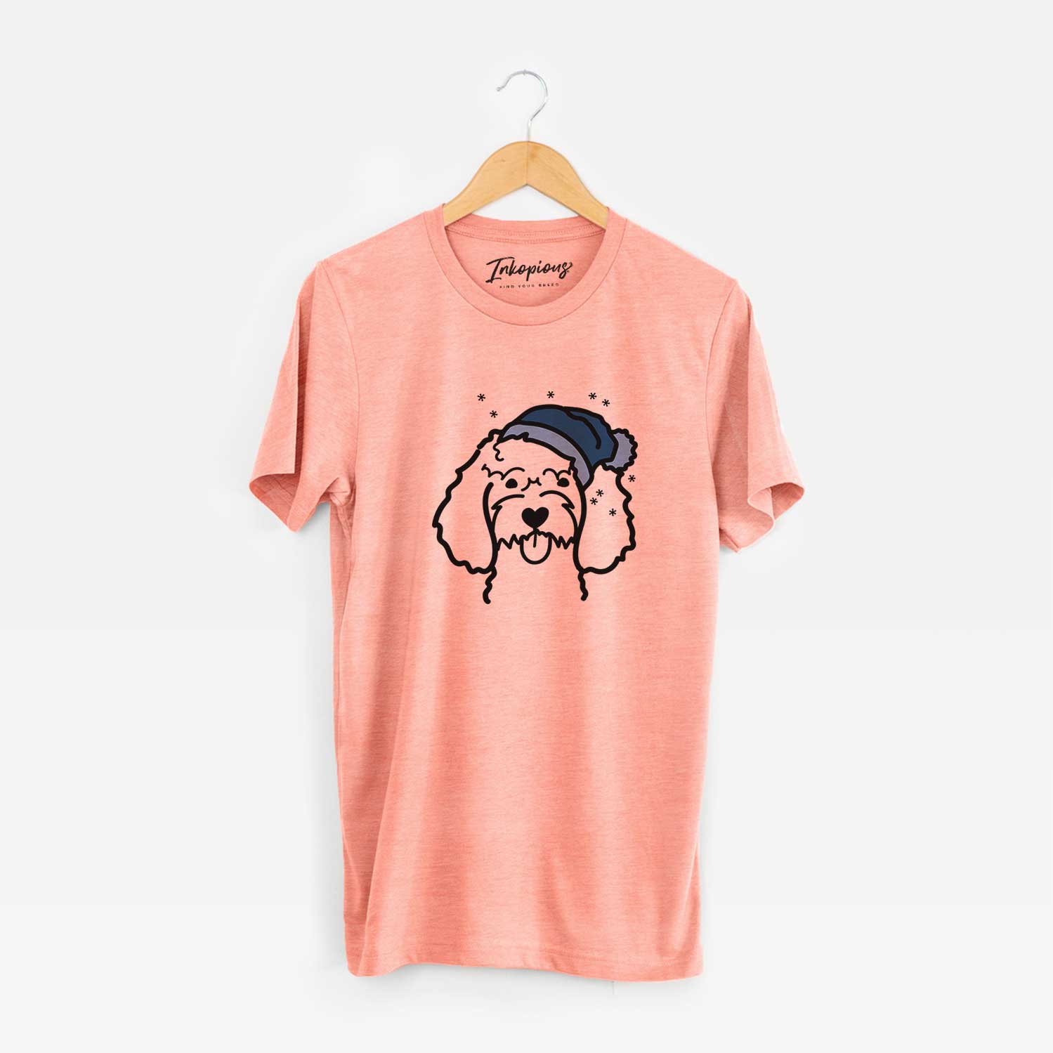 Minimalist line drawing of a Cockapoo wearing a winter beanie on a Sunset Unisex crewneck