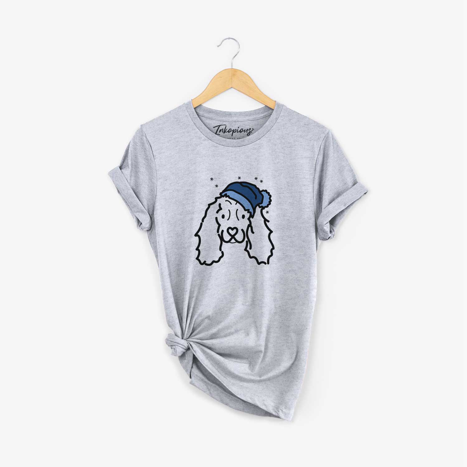 Minimalist line drawing of an American Cocker Spaniel wearing a winter beanie on a Grey Unisex crewneck