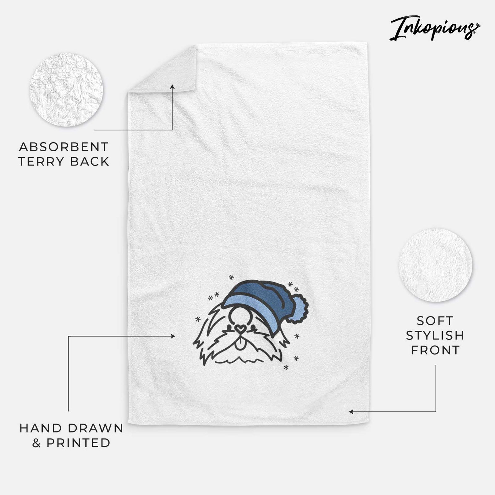 Minimalist line drawing of CoCo the Shih Tzu wearing a winter beanie on a decorative hand towel