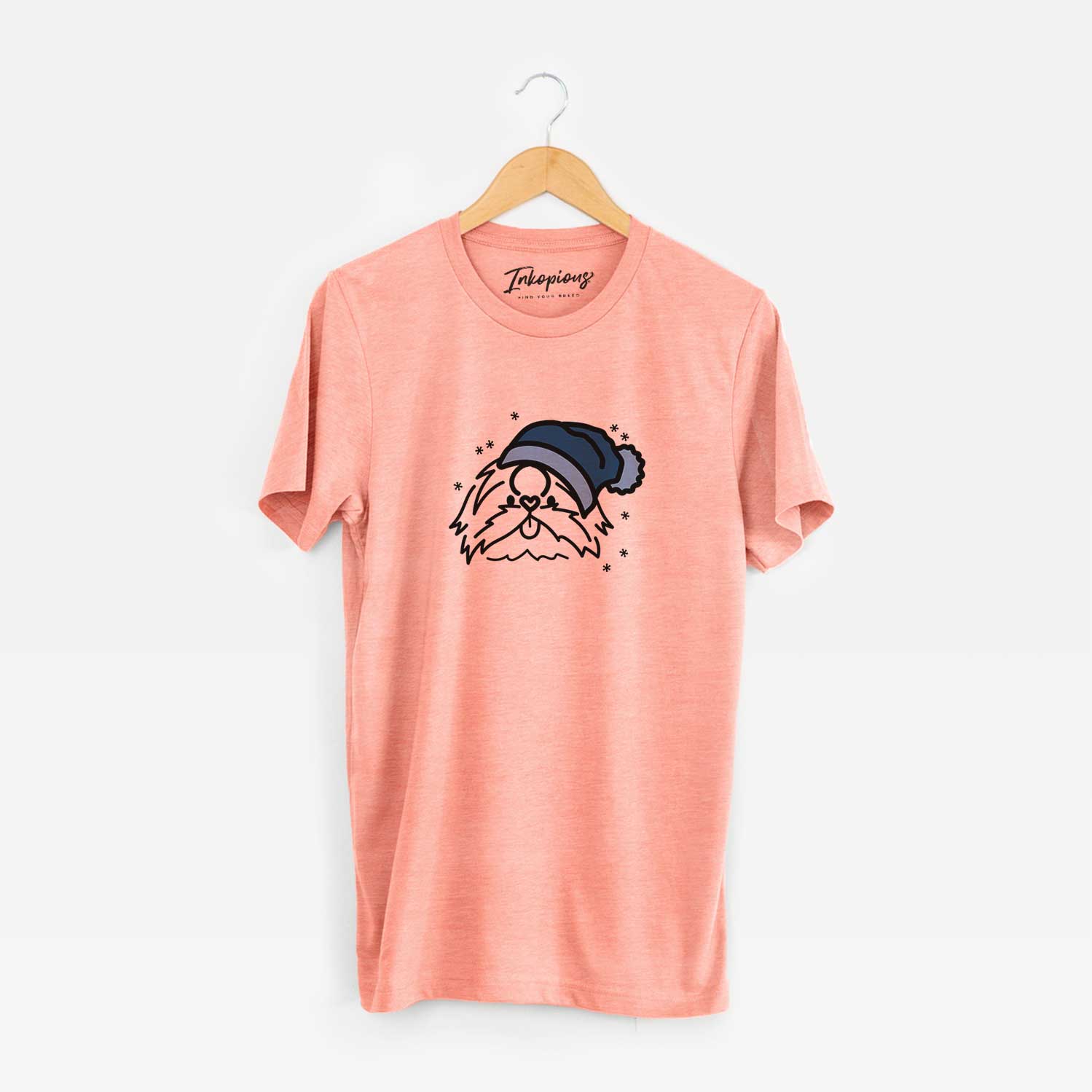 Minimalist line drawing of CoCo the Shih Tzu wearing a winter beanie on a Sunset Unisex crewneck