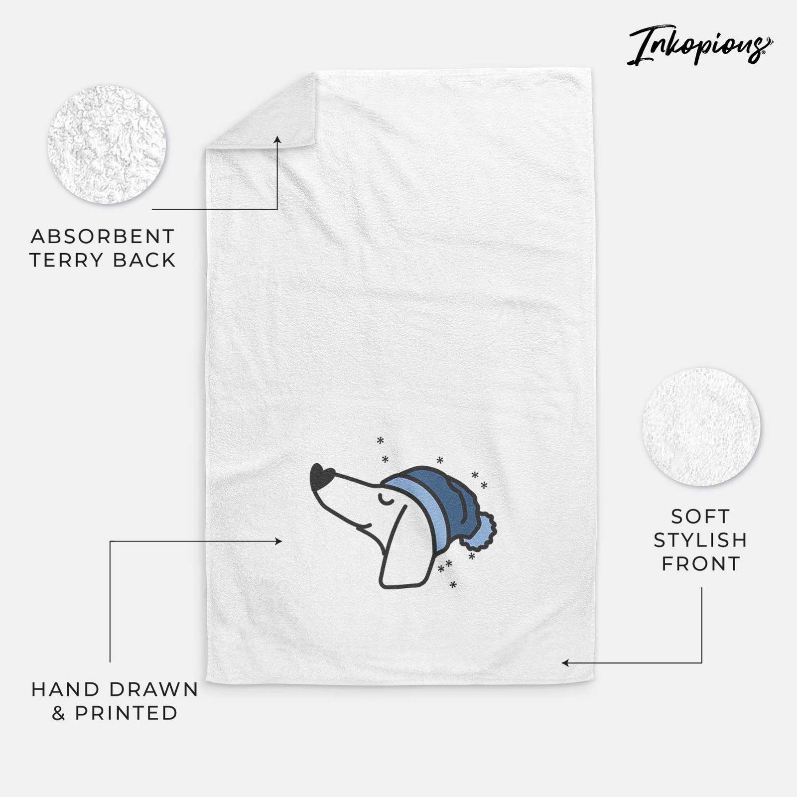 Minimalist line drawing of a Dachshund wearing a winter beanie on a decorative hand towel