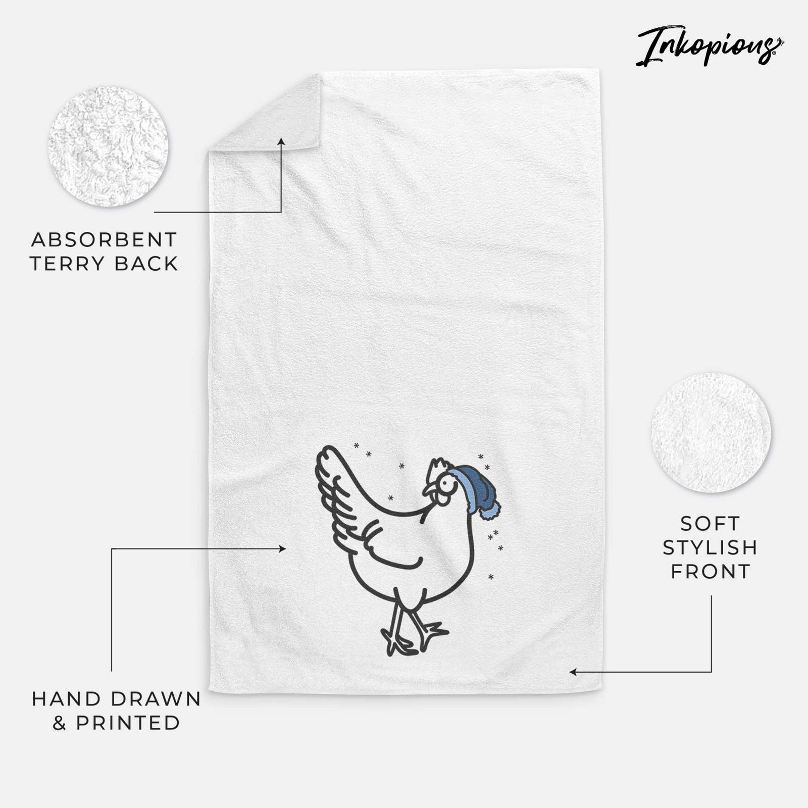 Minimalist line drawing of Daisy the Chicken wearing a winter beanie on a decorative hand towel
