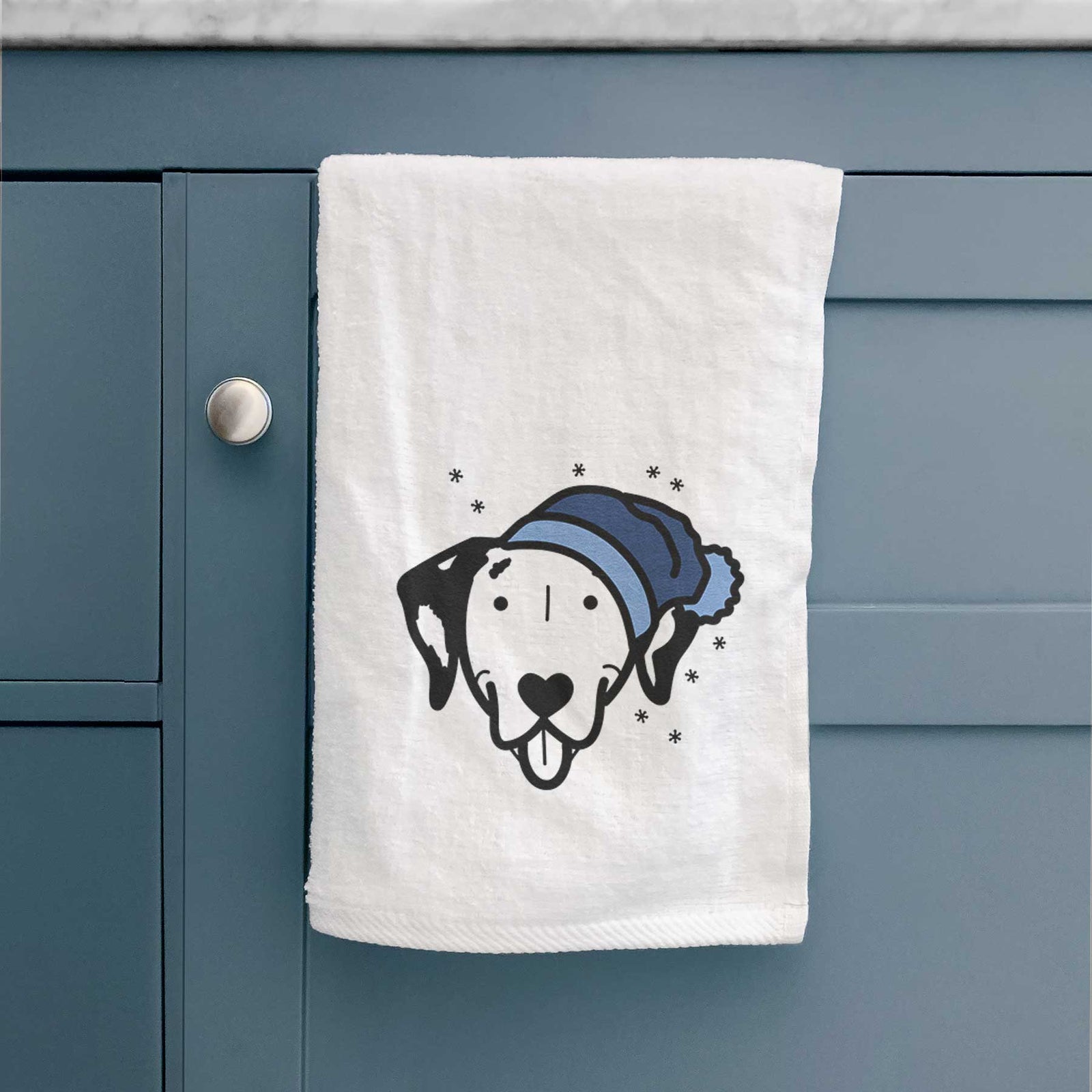 Minimalist line drawing of a Dalmatian wearing a winter beanie on a decorative hand towel