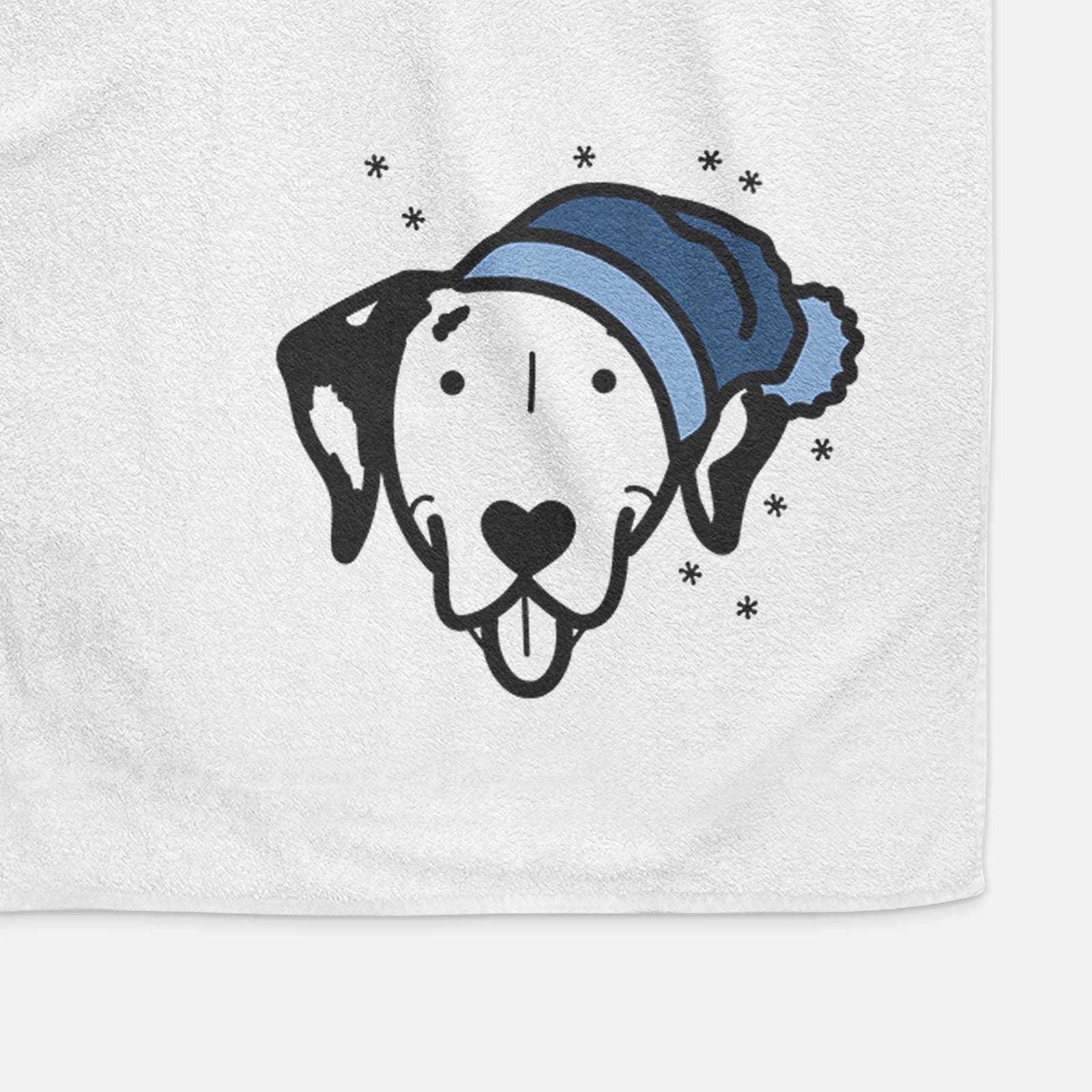 Minimalist line drawing of a Dalmatian wearing a winter beanie on a decorative hand towel