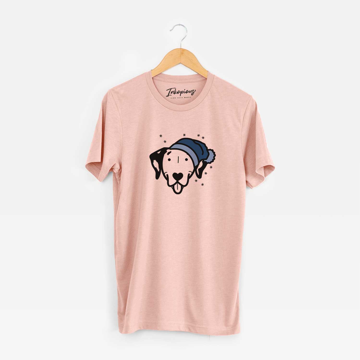 Minimalist line drawing of a Dalmatian wearing a winter beanie on a Peach Unisex crewneck