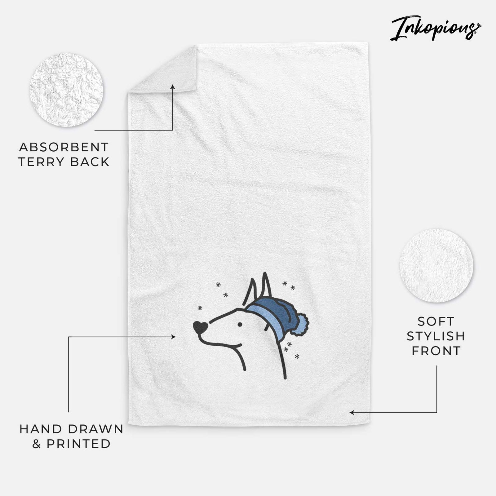 Minimalist line drawing of a Doberman Pinscher wearing a winter beanie on a decorative hand towel