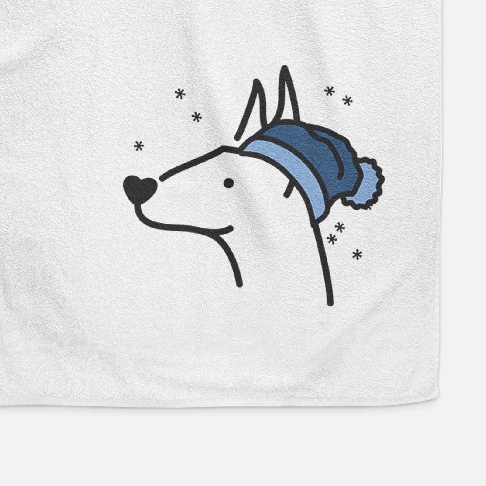Minimalist line drawing of a Doberman Pinscher wearing a winter beanie on a decorative hand towel