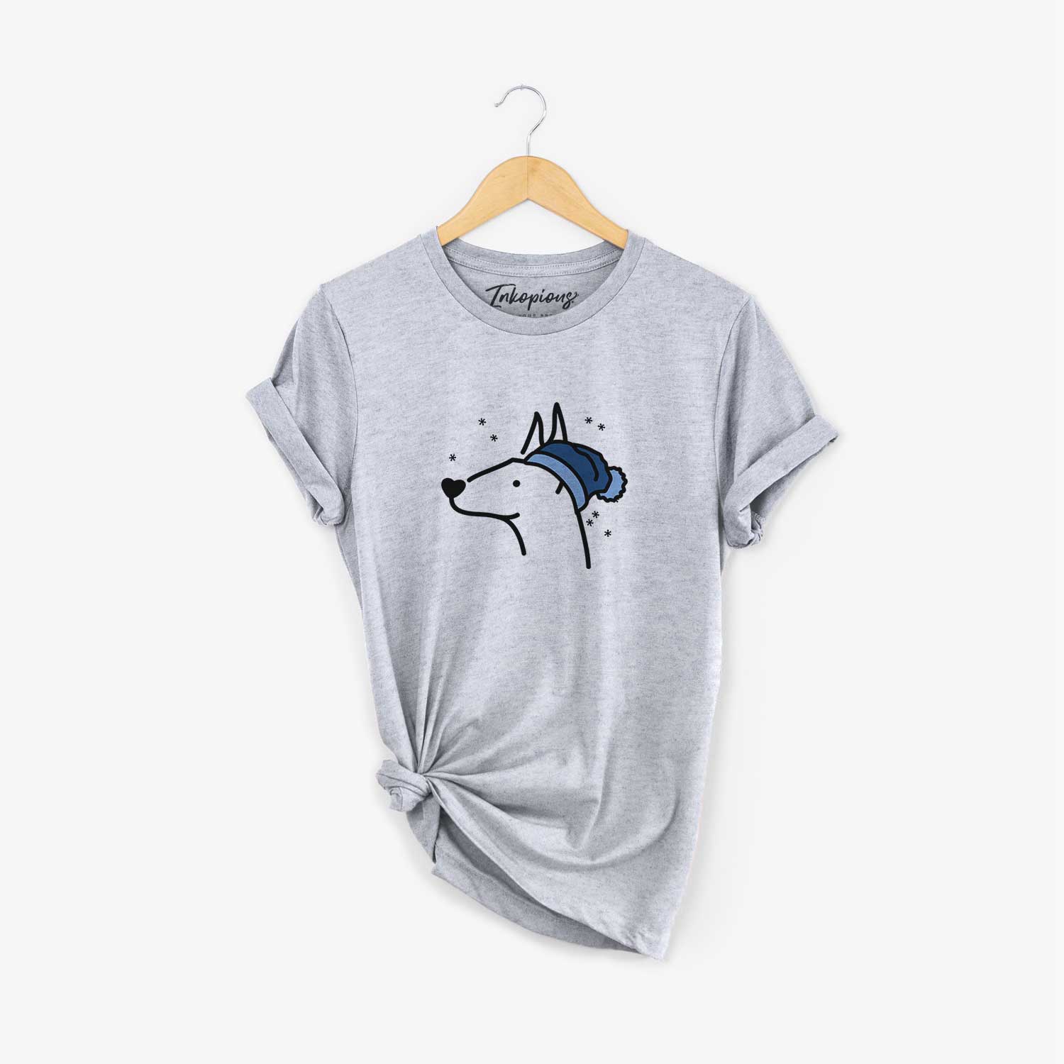 Minimalist line drawing of a Doberman Pinscher wearing a winter beanie on a Grey Unisex crewneck