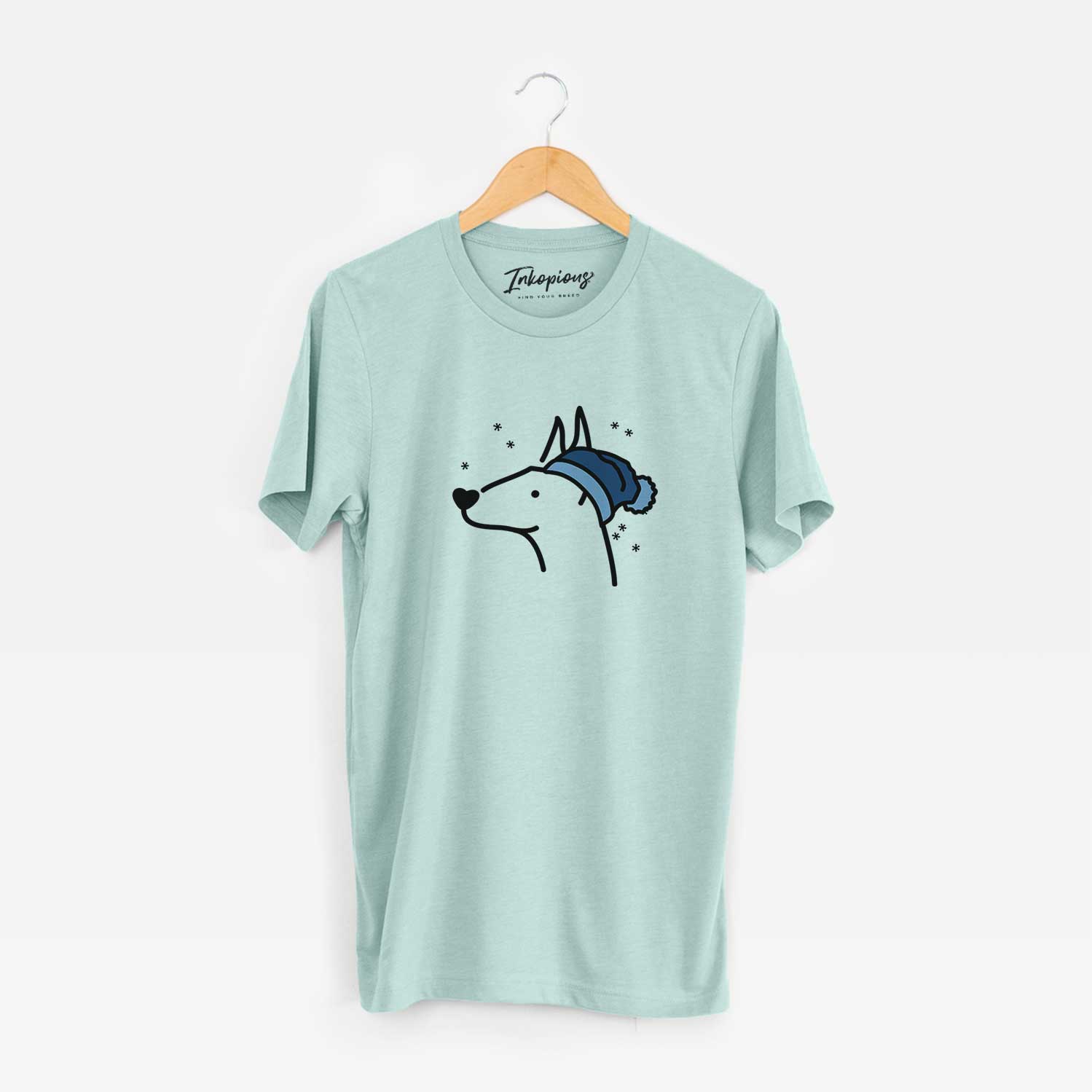 Minimalist line drawing of a Doberman Pinscher wearing a winter beanie on a Heather Sage Unisex crewneck