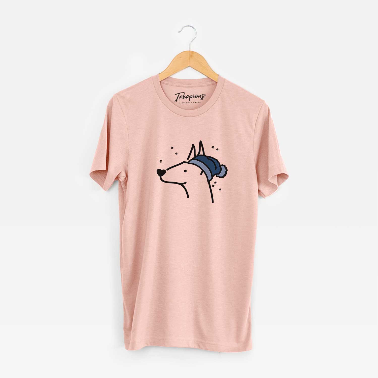 Minimalist line drawing of a Doberman Pinscher wearing a winter beanie on a Peach Unisex crewneck