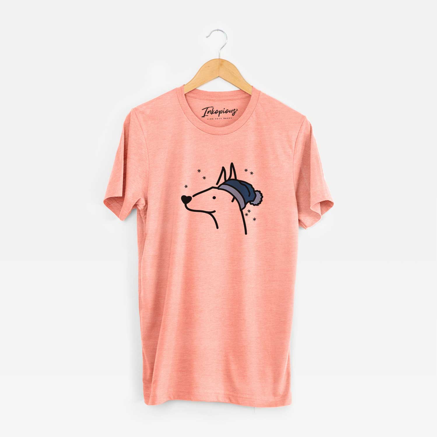 Minimalist line drawing of a Doberman Pinscher wearing a winter beanie on a Sunset Unisex crewneck