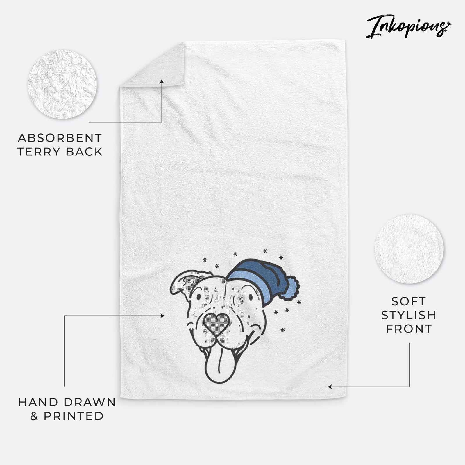 Minimalist line drawing of Dottie the Pitbull Mix wearing a winter beanie on a decorative hand towel