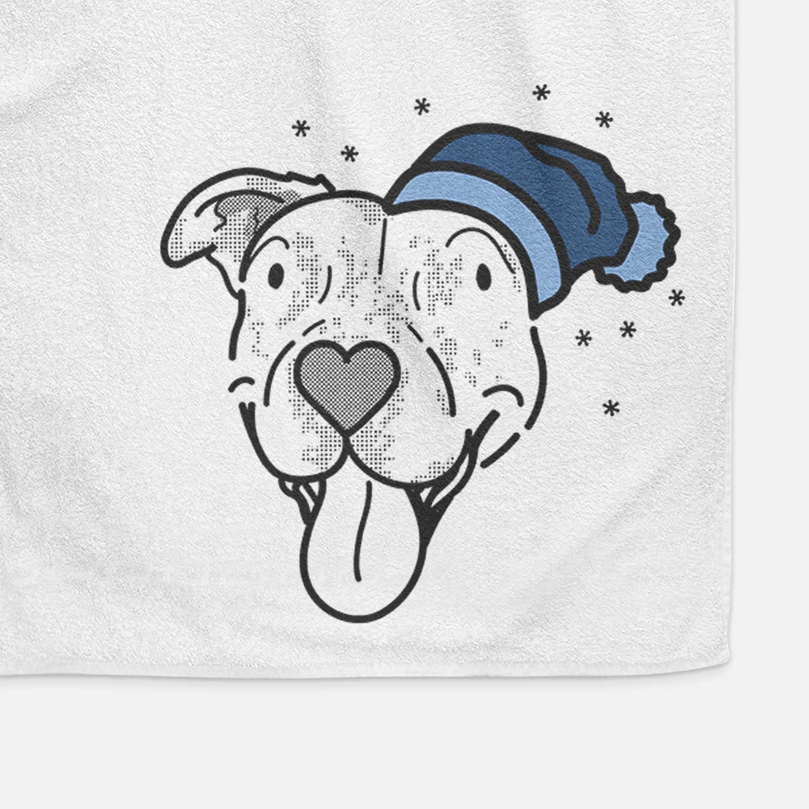 Minimalist line drawing of Dottie the Pitbull Mix wearing a winter beanie on a decorative hand towel