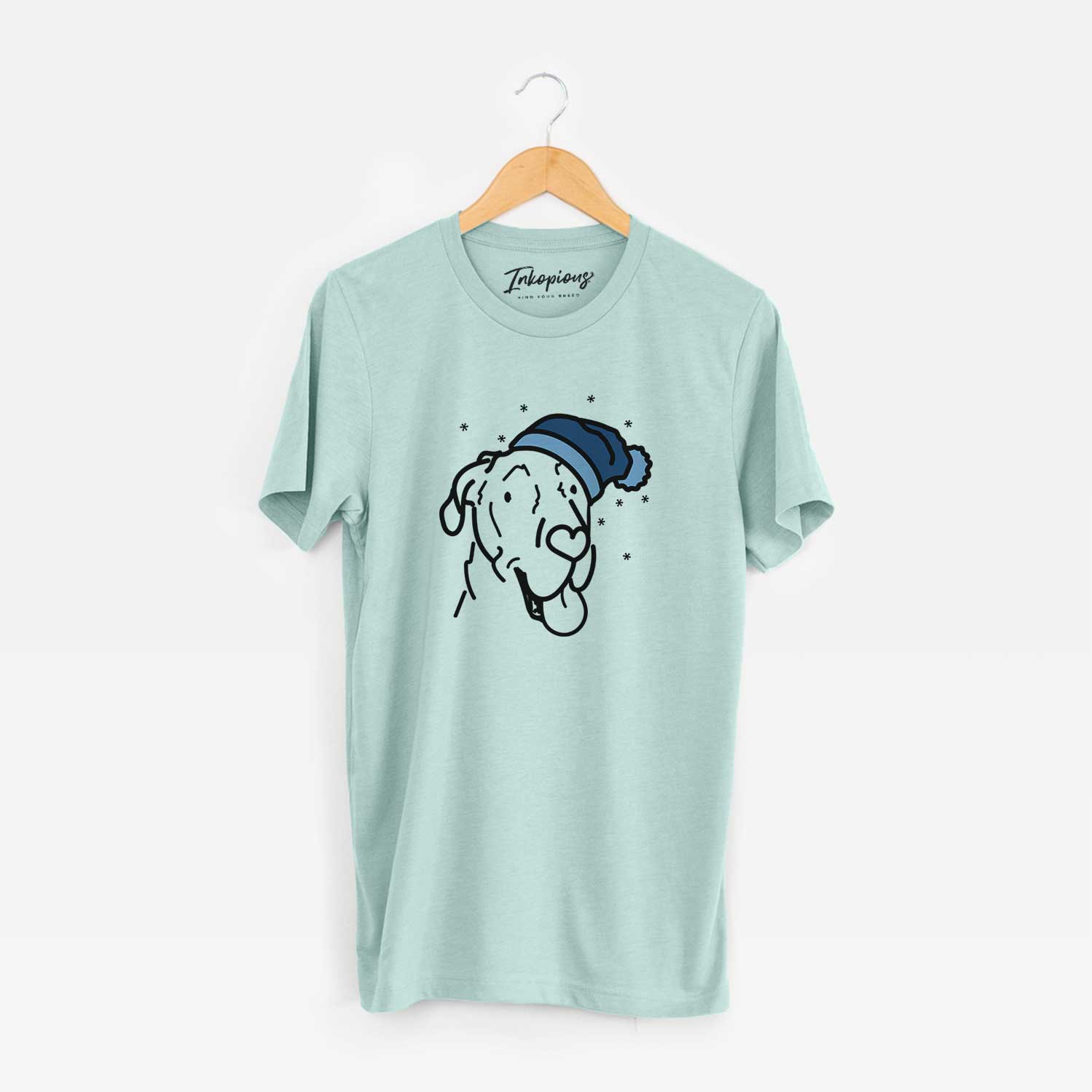 Minimalist line drawing of Duncan the Great Dane wearing a winter beanie on a Heather Sage Unisex crewneck