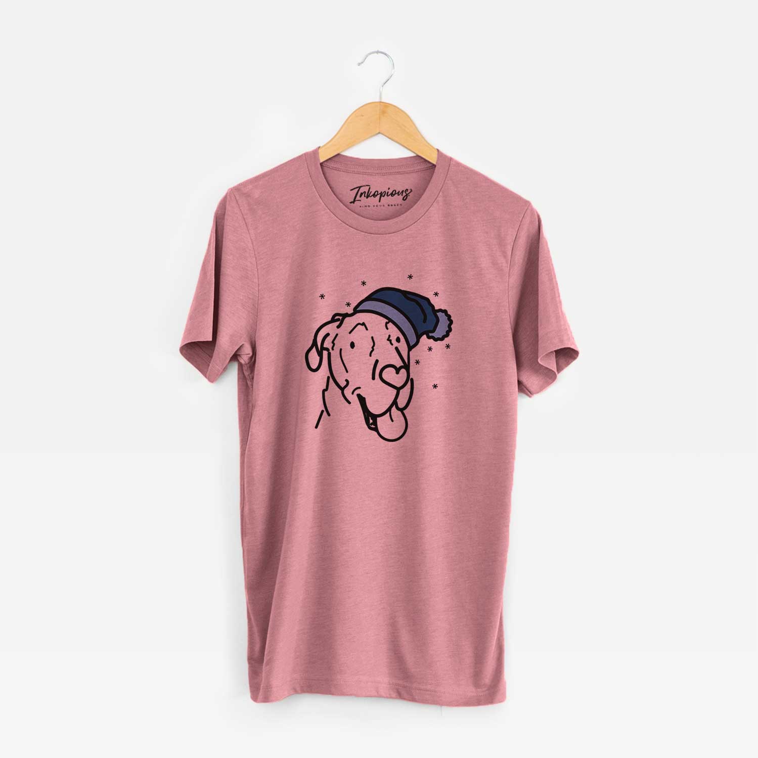 Minimalist line drawing of Duncan the Great Dane wearing a winter beanie on a Mauve Unisex crewneck
