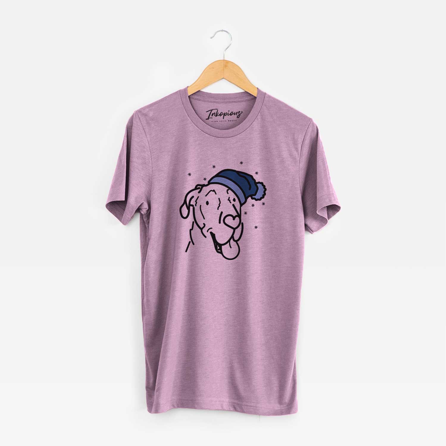 Minimalist line drawing of Duncan the Great Dane wearing a winter beanie on an Orchid Unisex crewneck