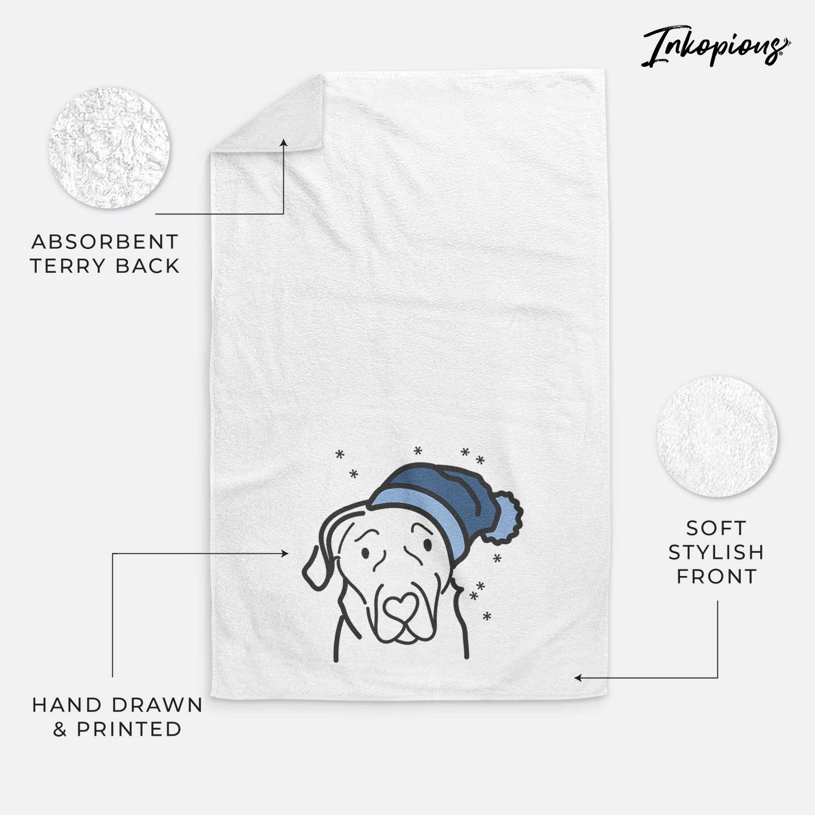 Minimalist line drawing of an English Labrador wearing a winter beanie on a decorative hand towel