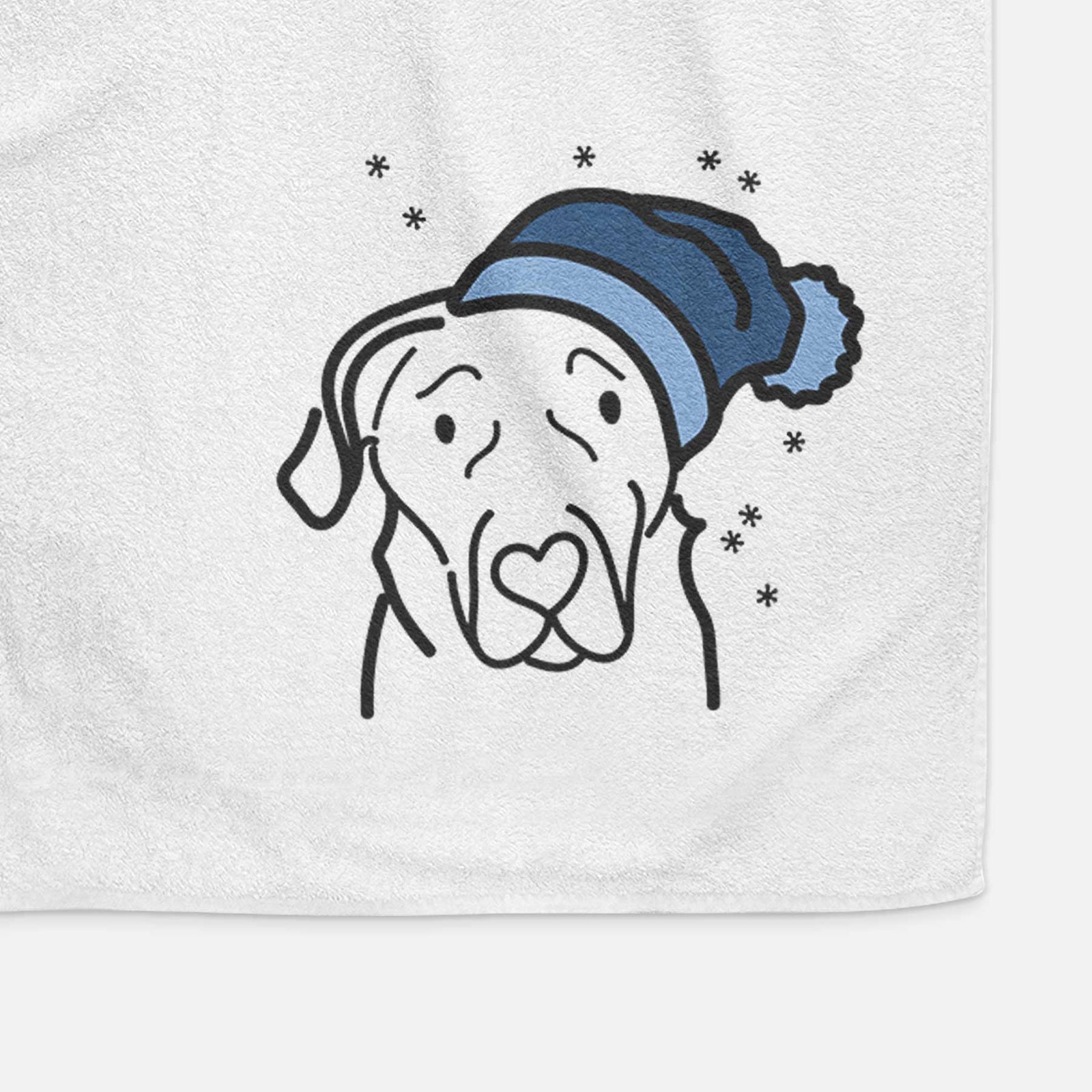 Minimalist line drawing of an English Labrador wearing a winter beanie on a decorative hand towel