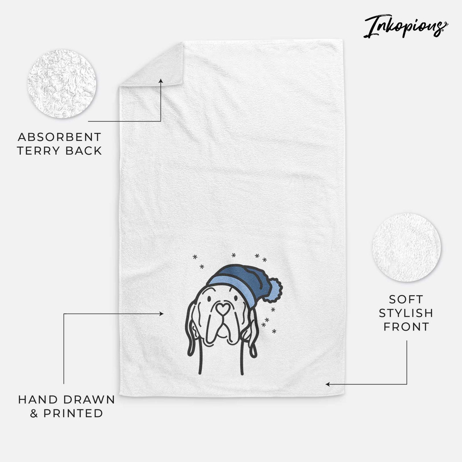 Minimalist line drawing of an English Pointer wearing a winter beanie on a decorative hand towel