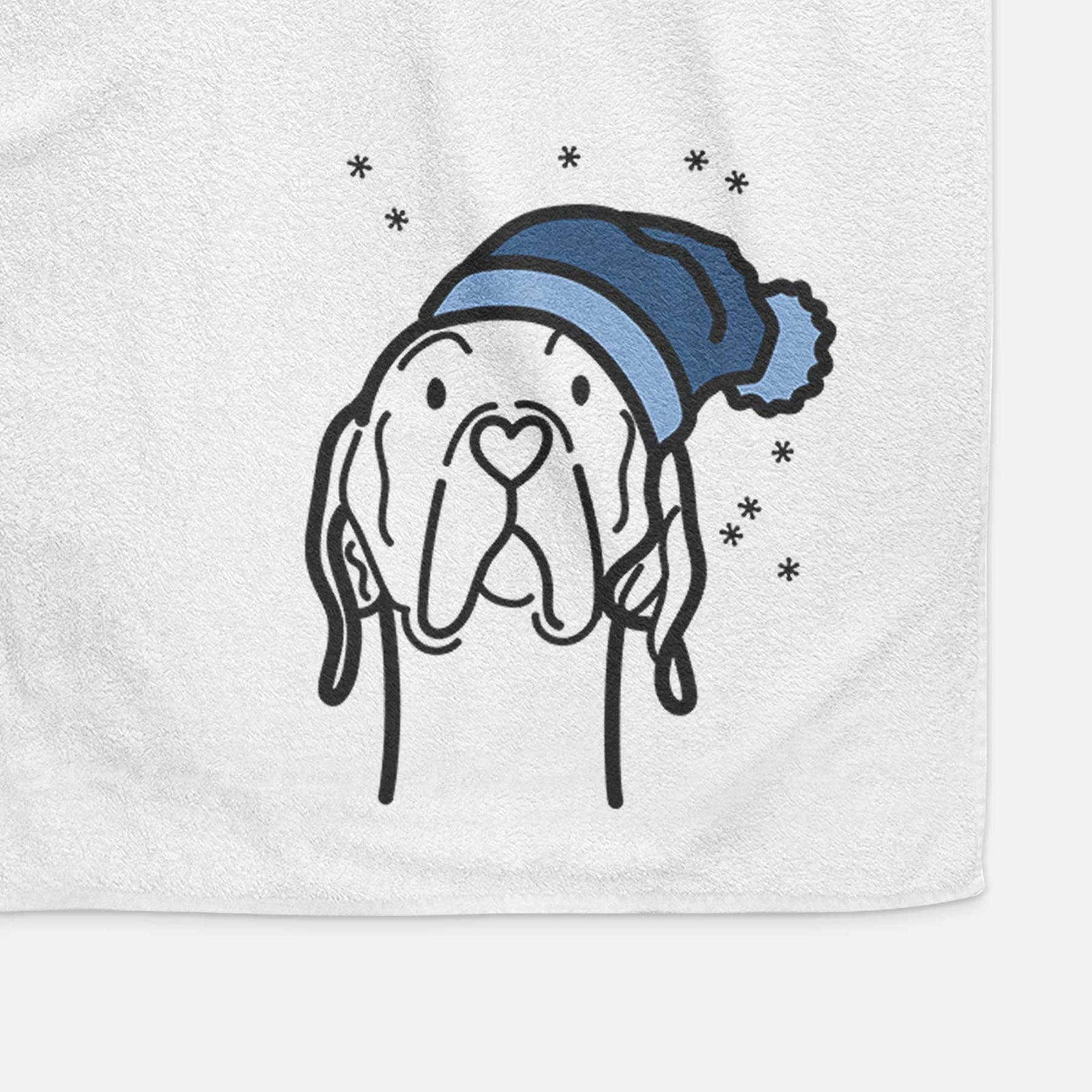 Minimalist line drawing of an English Pointer wearing a winter beanie on a decorative hand towel