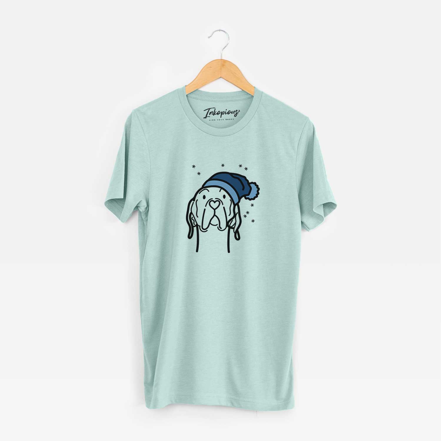 Minimalist line drawing of an English Pointer wearing a winter beanie on a Heather Sage Unisex crewneck
