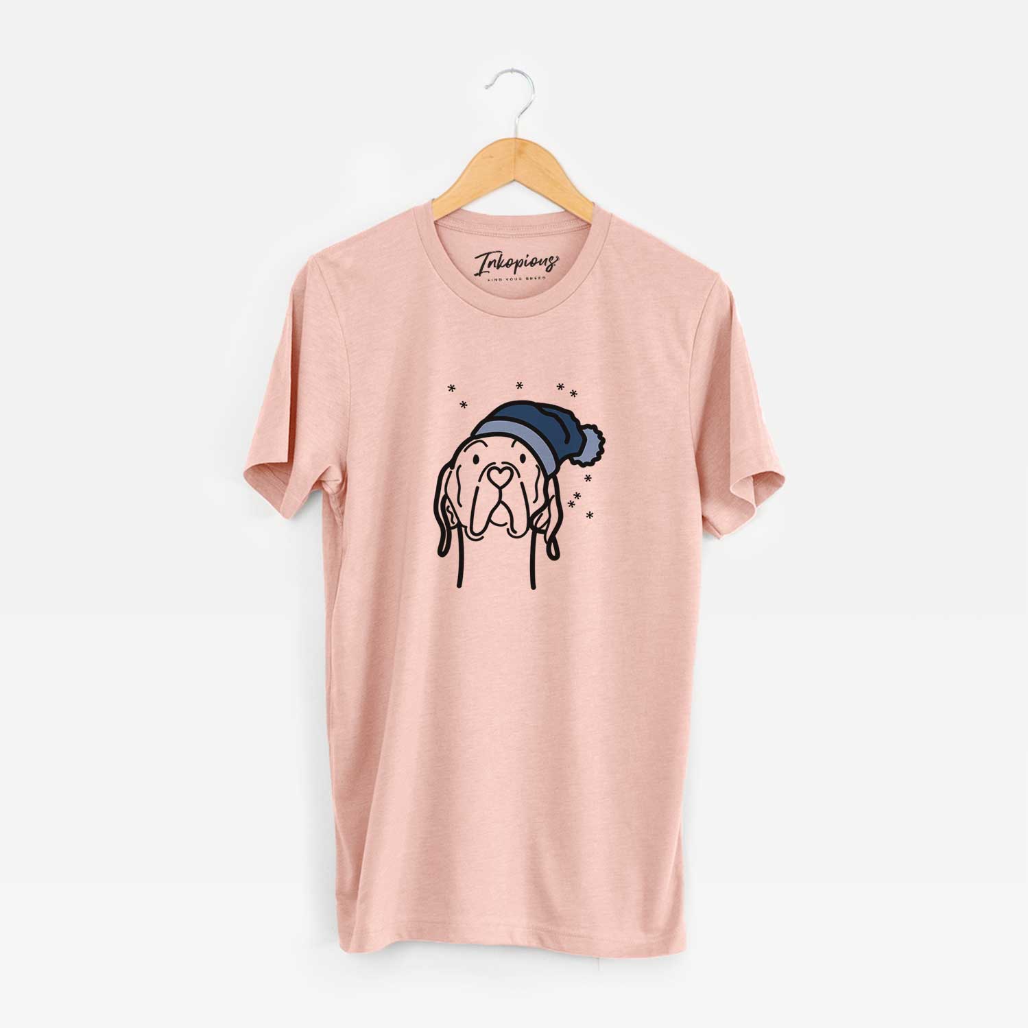 Minimalist line drawing of an English Pointer wearing a winter beanie on a Peach Unisex crewneck