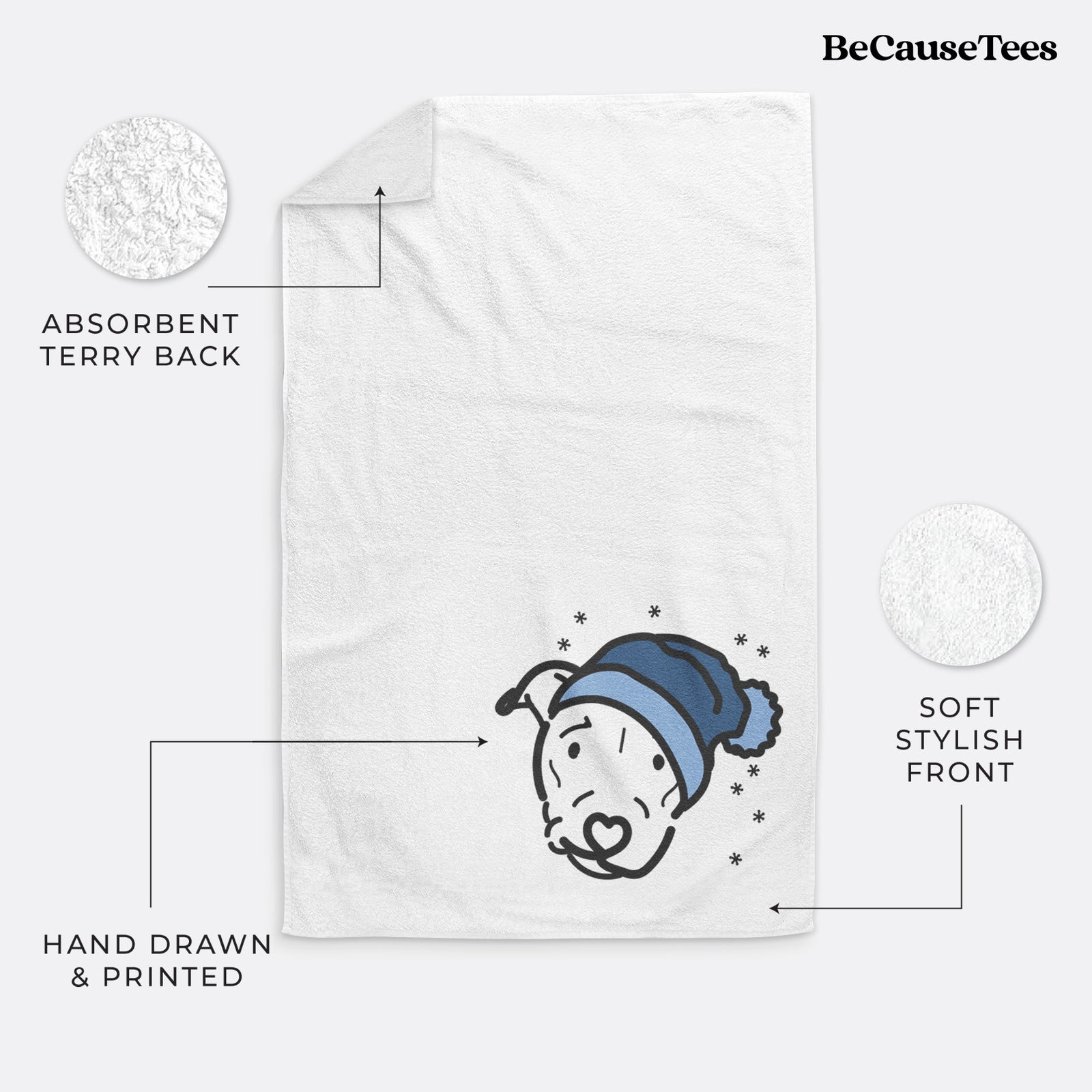 Minimalist line drawing of Ernie the Pitbull Mix wearing a winter beanie on a decorative hand towel