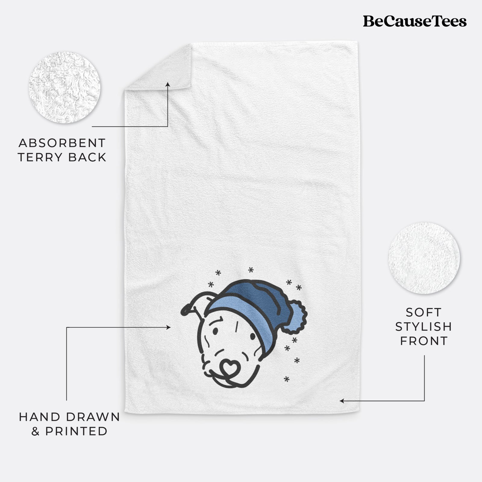 Minimalist line drawing of Ernie the Pitbull Mix wearing a winter beanie on a decorative hand towel