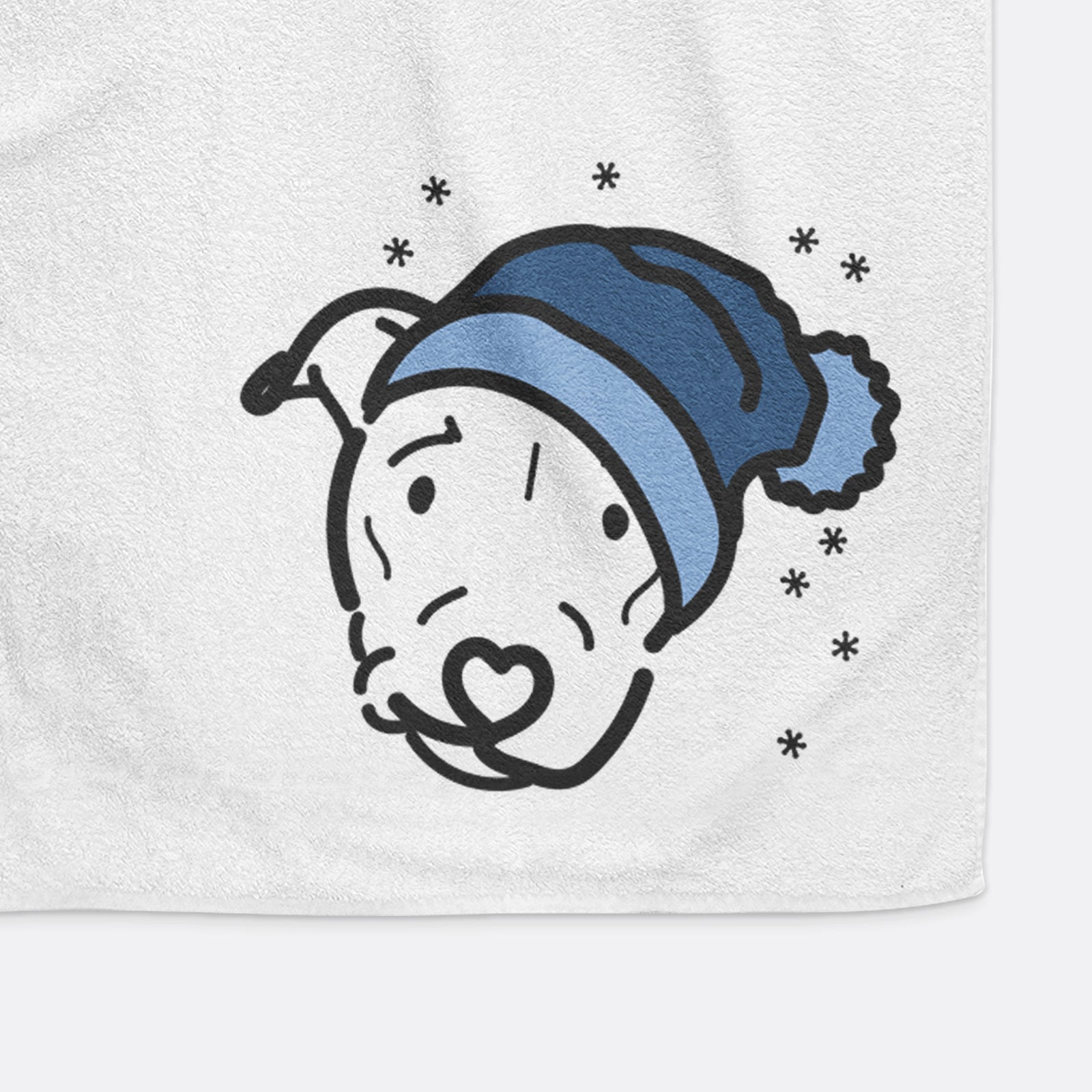 Minimalist line drawing of Ernie the Pitbull Mix wearing a winter beanie on a decorative hand towel