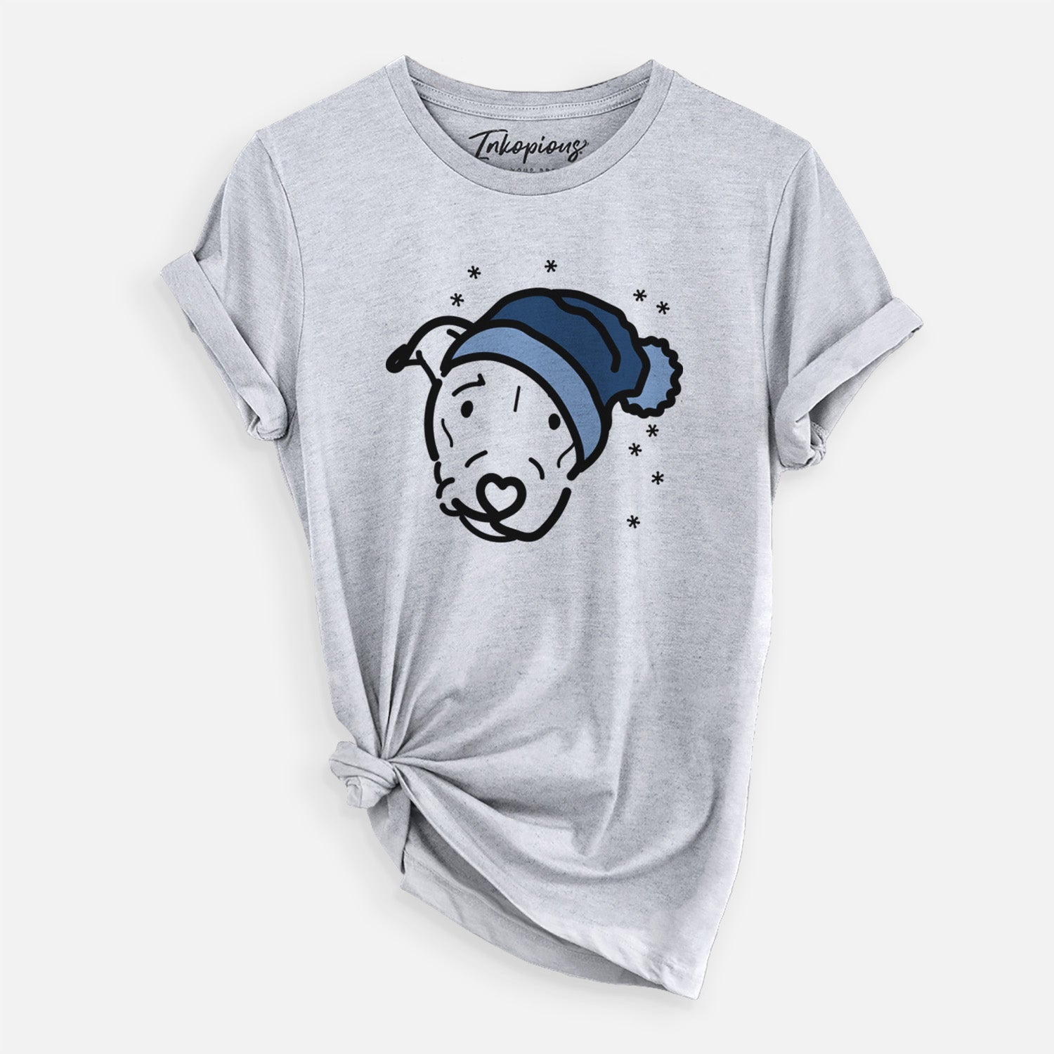 Minimalist line drawing of Ernie the Pitbull Mix wearing a winter beanie on a Grey Unisex crewneck