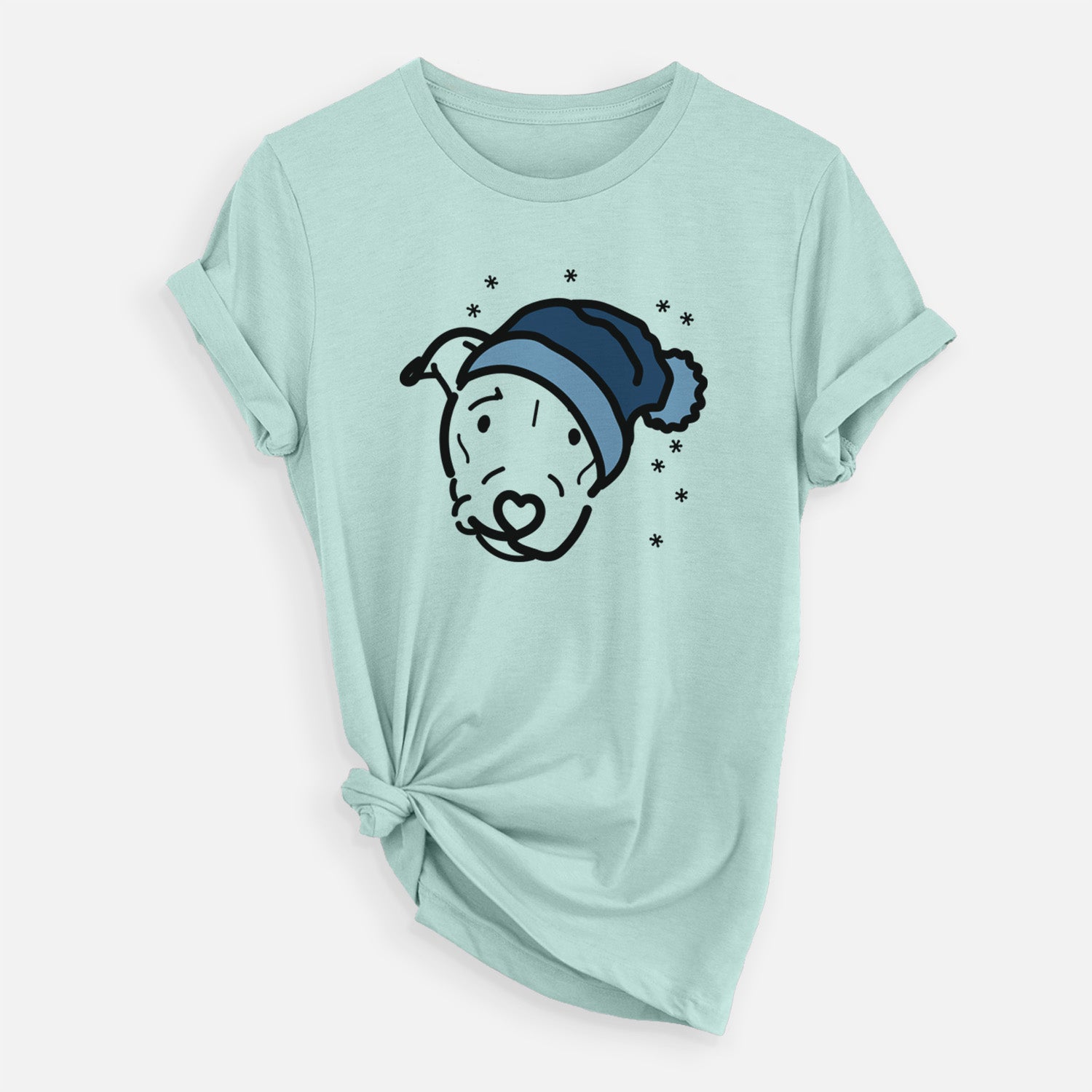 Minimalist line drawing of Ernie the Pitbull Mix wearing a winter beanie on a Heather Sage Unisex crewneck