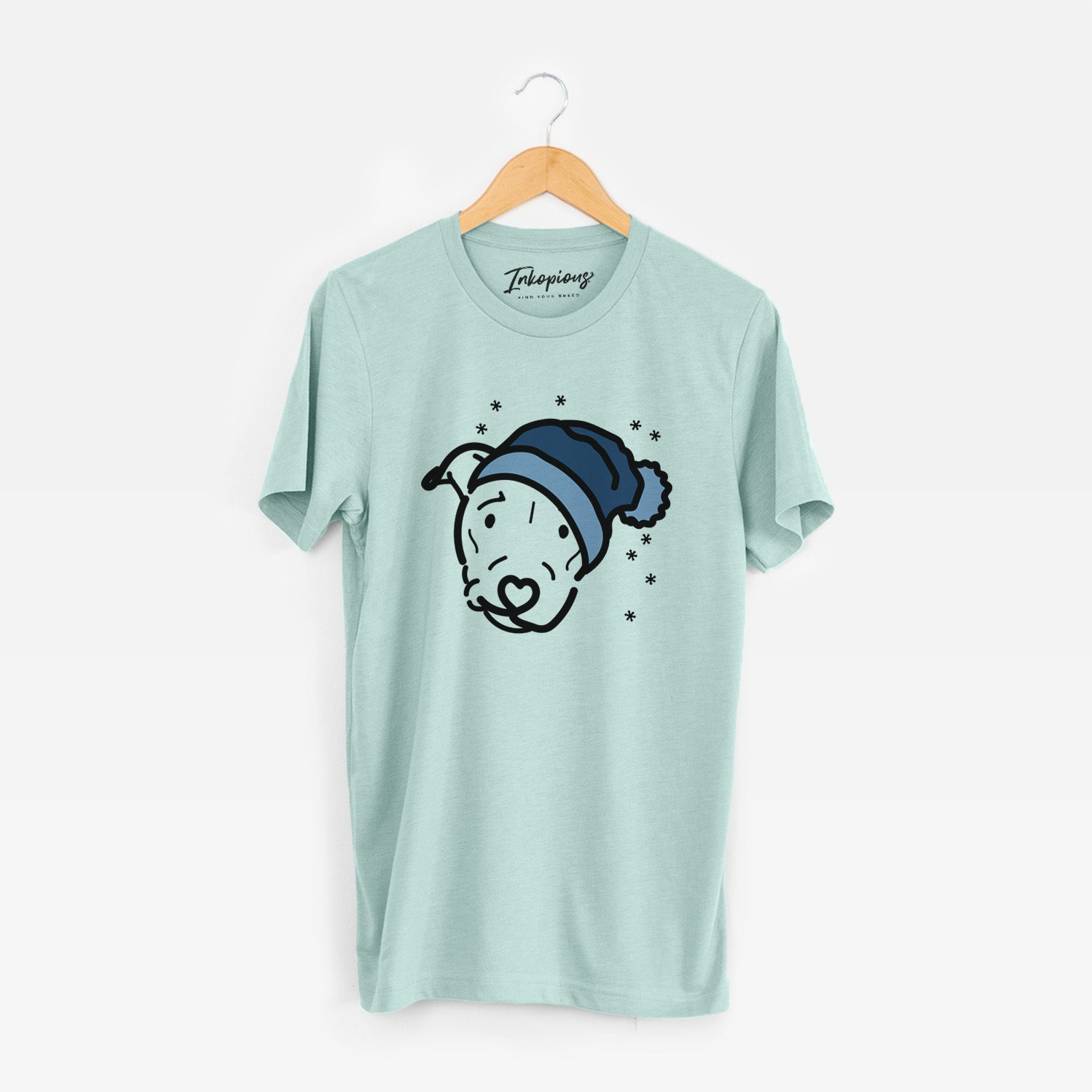 Minimalist line drawing of Ernie the Pitbull Mix wearing a winter beanie on a Heather Sage Unisex crewneck