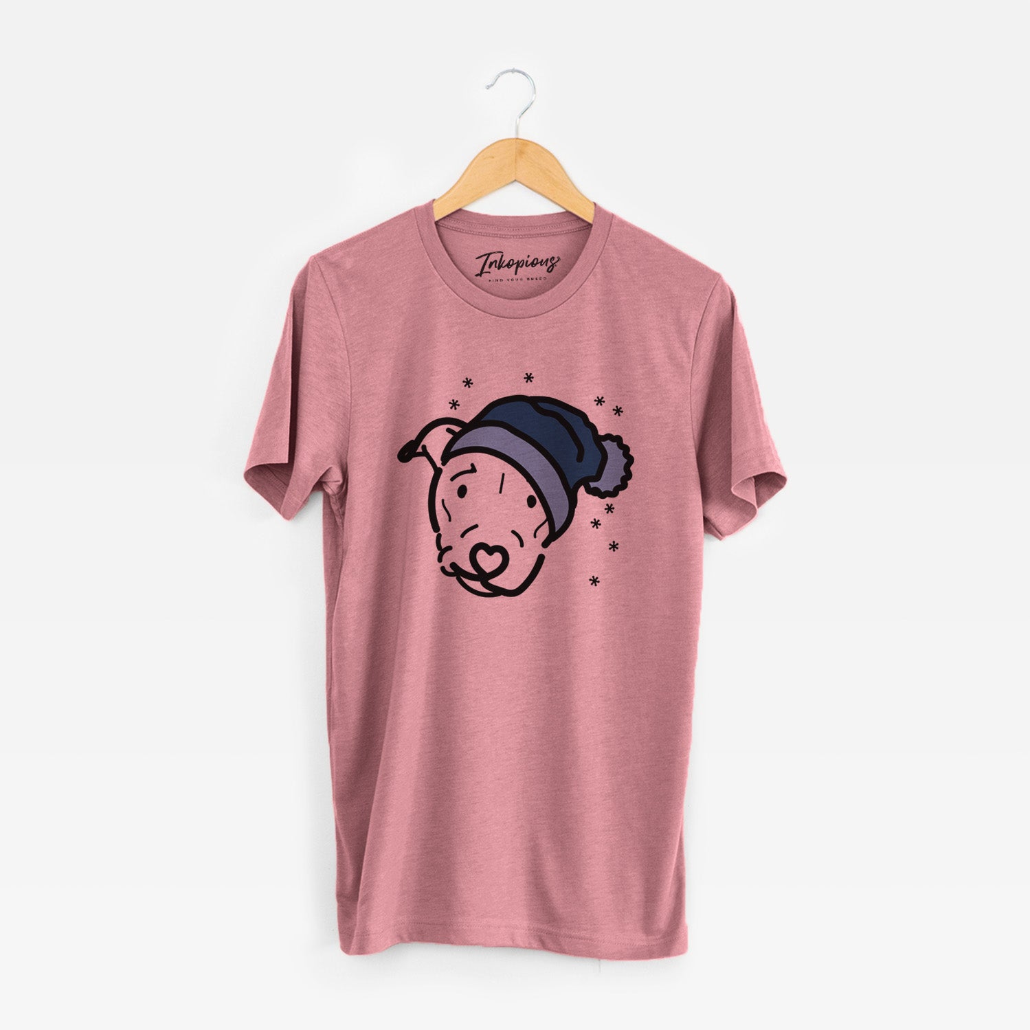 Minimalist line drawing of Ernie the Pitbull Mix wearing a winter beanie on a Mauve Unisex crewneck