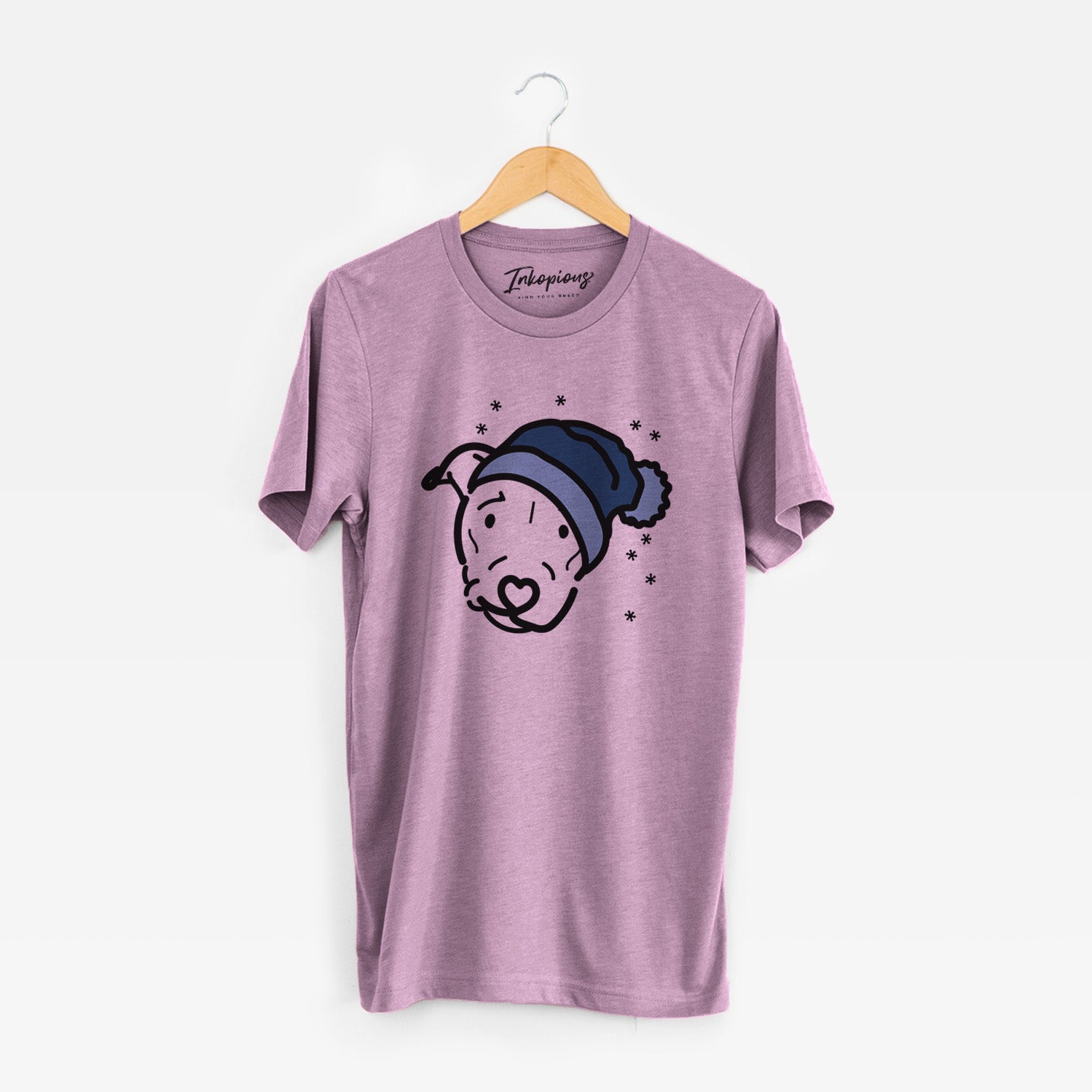Minimalist line drawing of Ernie the Pitbull Mix wearing a winter beanie on an Orchid Unisex crewneck