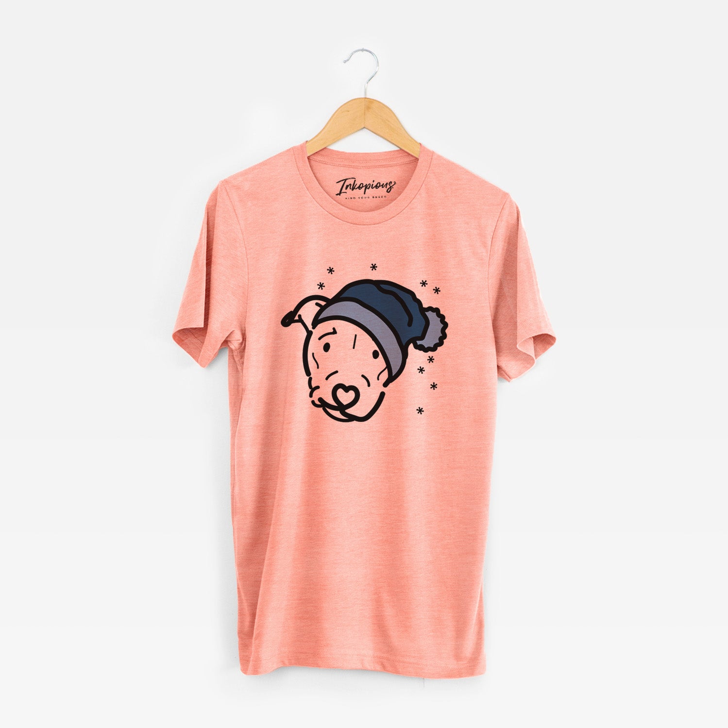Minimalist line drawing of Ernie the Pitbull Mix wearing a winter beanie on a Sunset Unisex crewneck