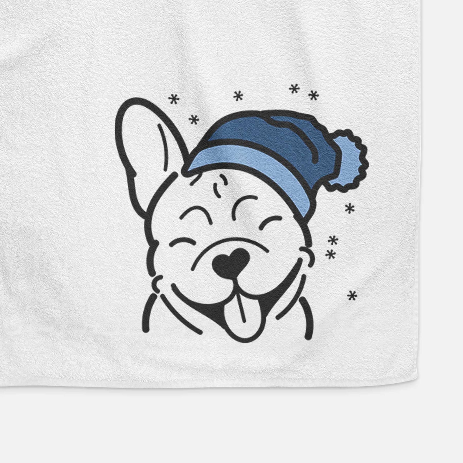 Minimalist line drawing of a French Bulldog wearing a winter beanie on a decorative hand towel